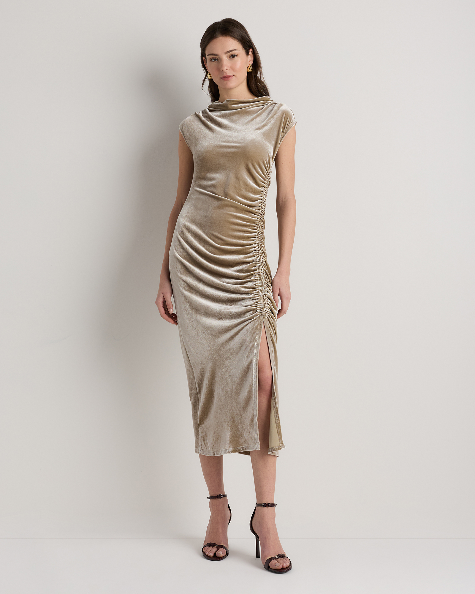 Stretch Silk Velvet Ruched Midi Dress