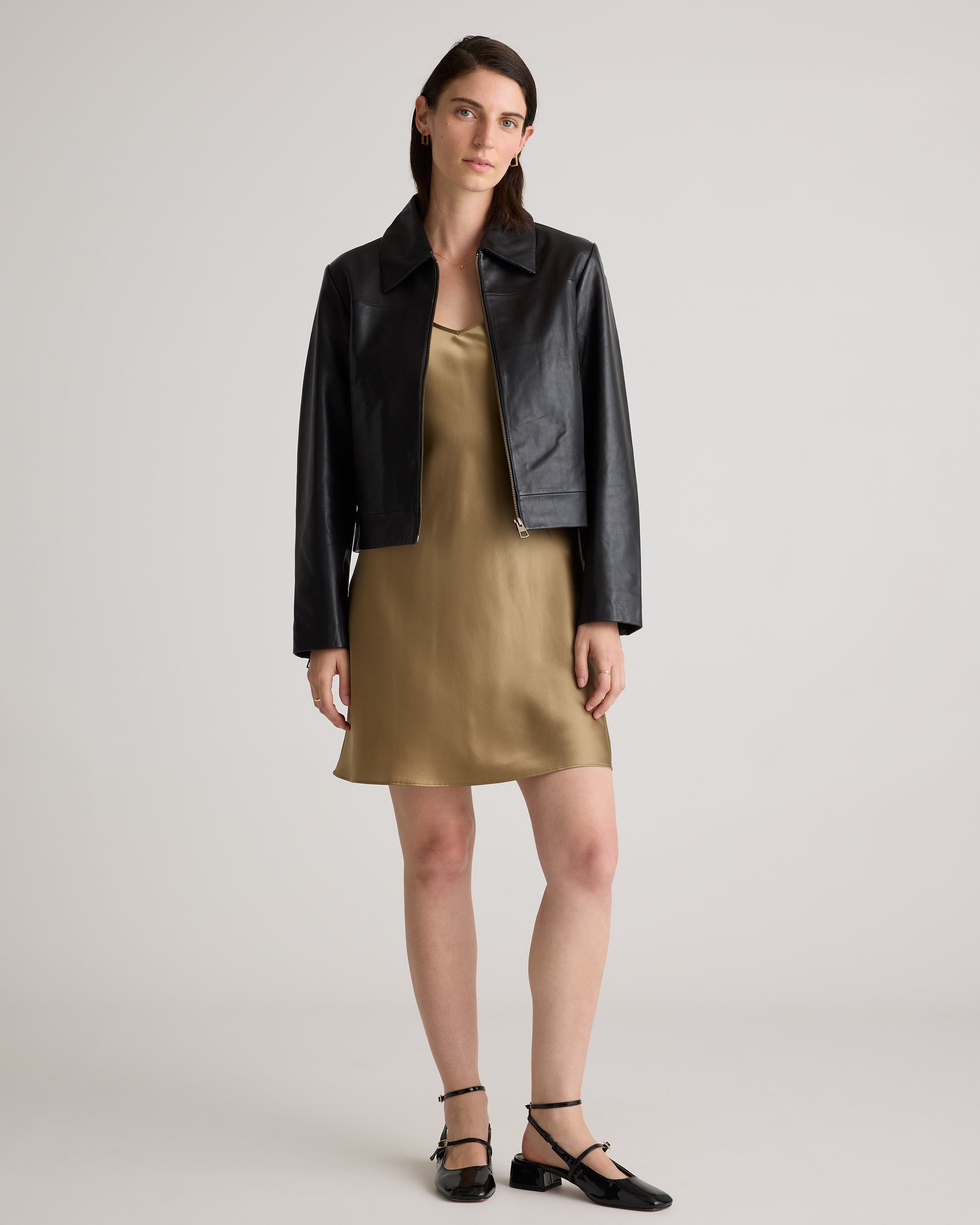 100% Leather Cropped Zip-Front Jacket
