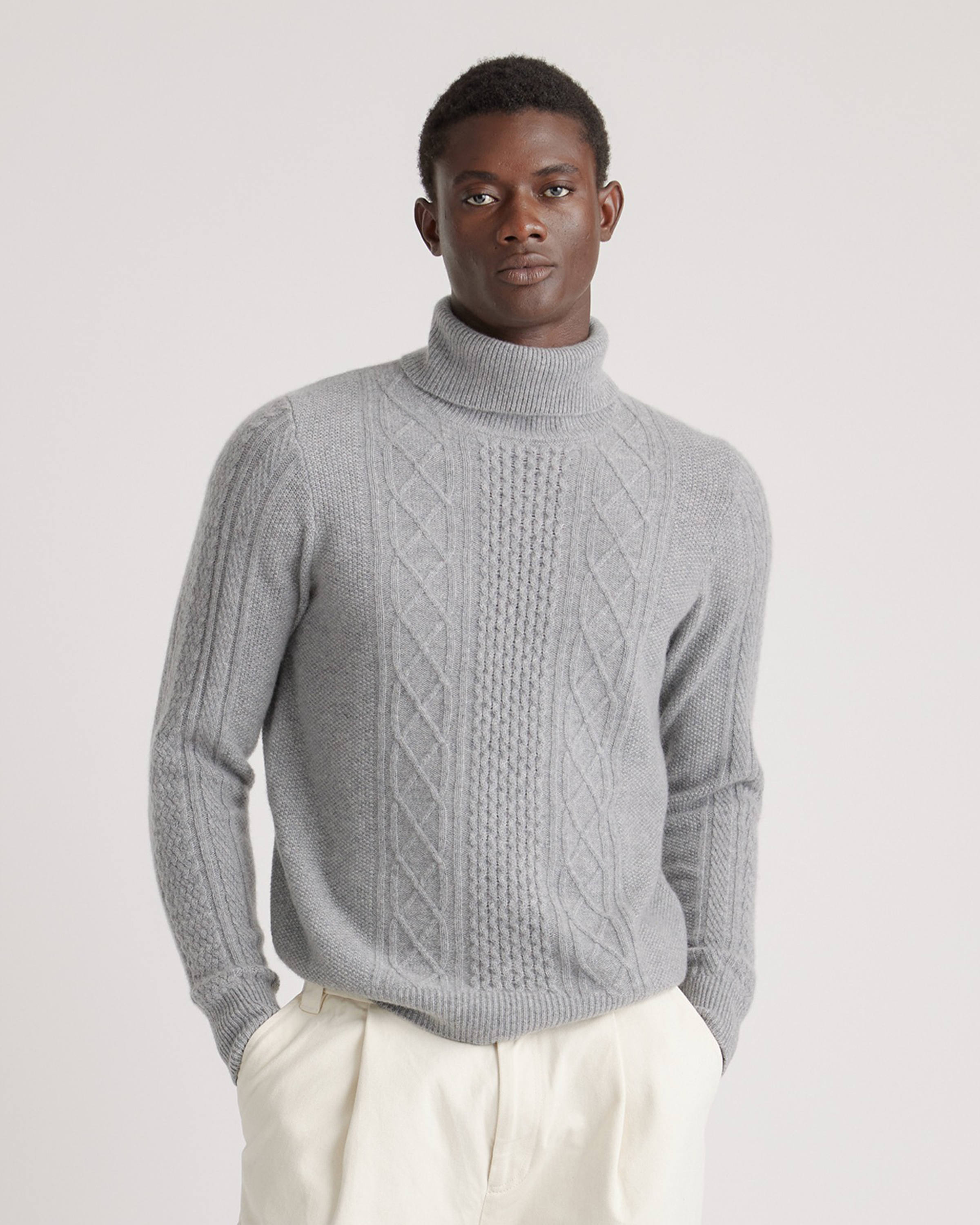 Quince Men's Mongolian Cashmere Cable Turtleneck Sweater In Heather Grey