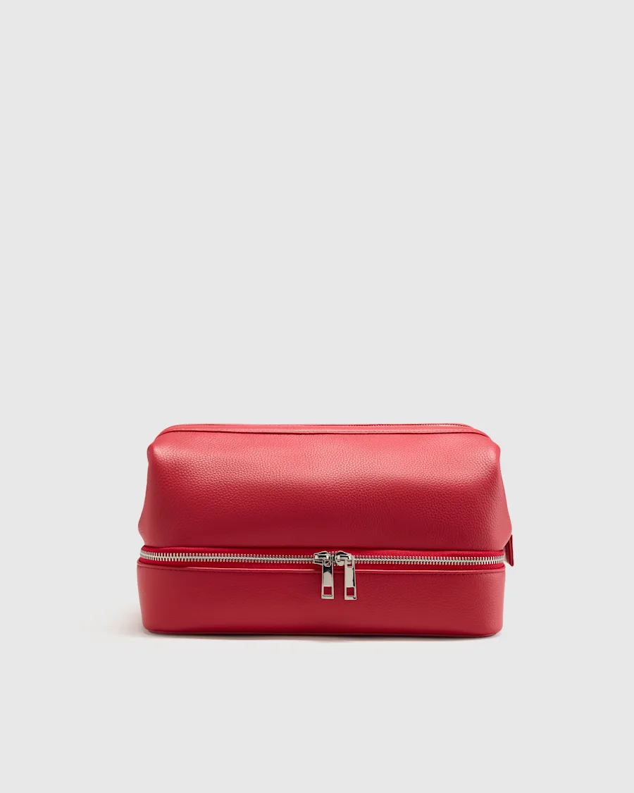 Italian Leather Dual Compartment Toiletry Bag CHERRY RED INSIDE PROPS45774 EDITED