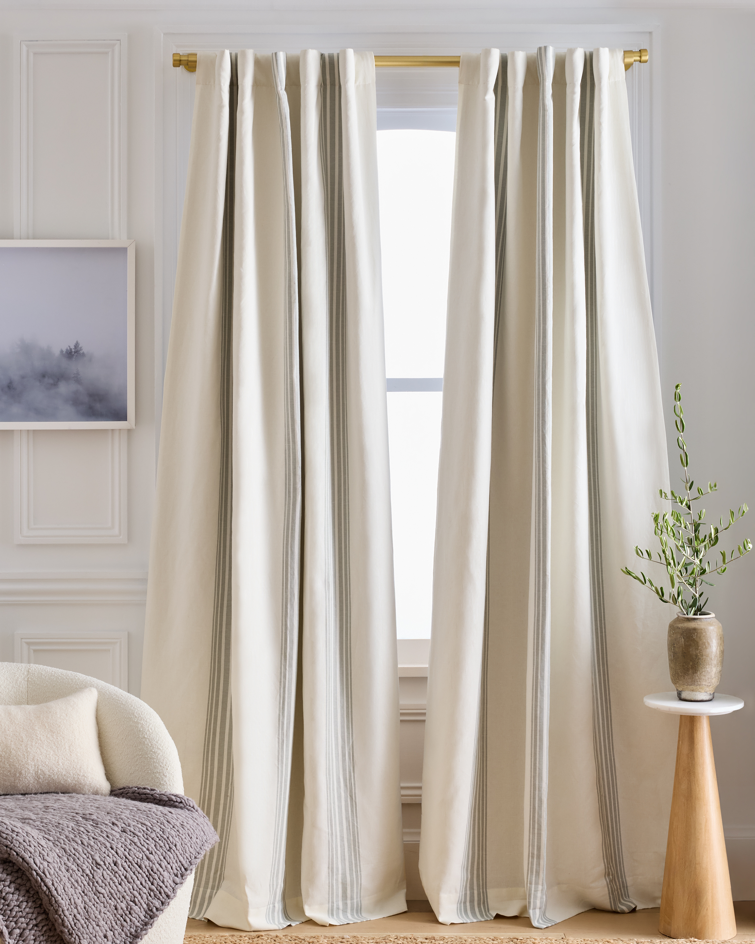 Coastal Stripe Linen/Cotton Blackout Curtain in Ivory/Sage Green