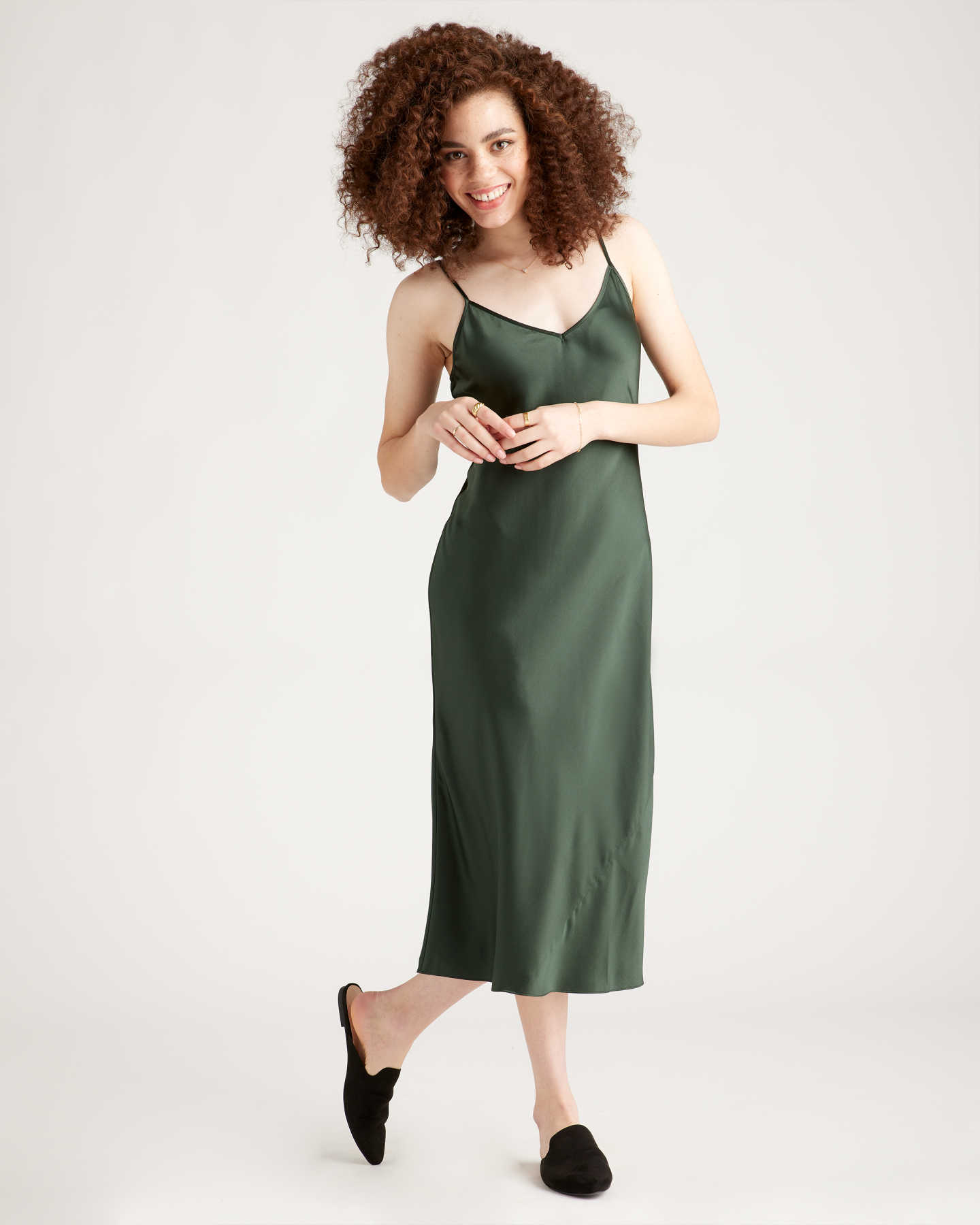 100% Washable Silk Slip Dress - Forest Green - 3