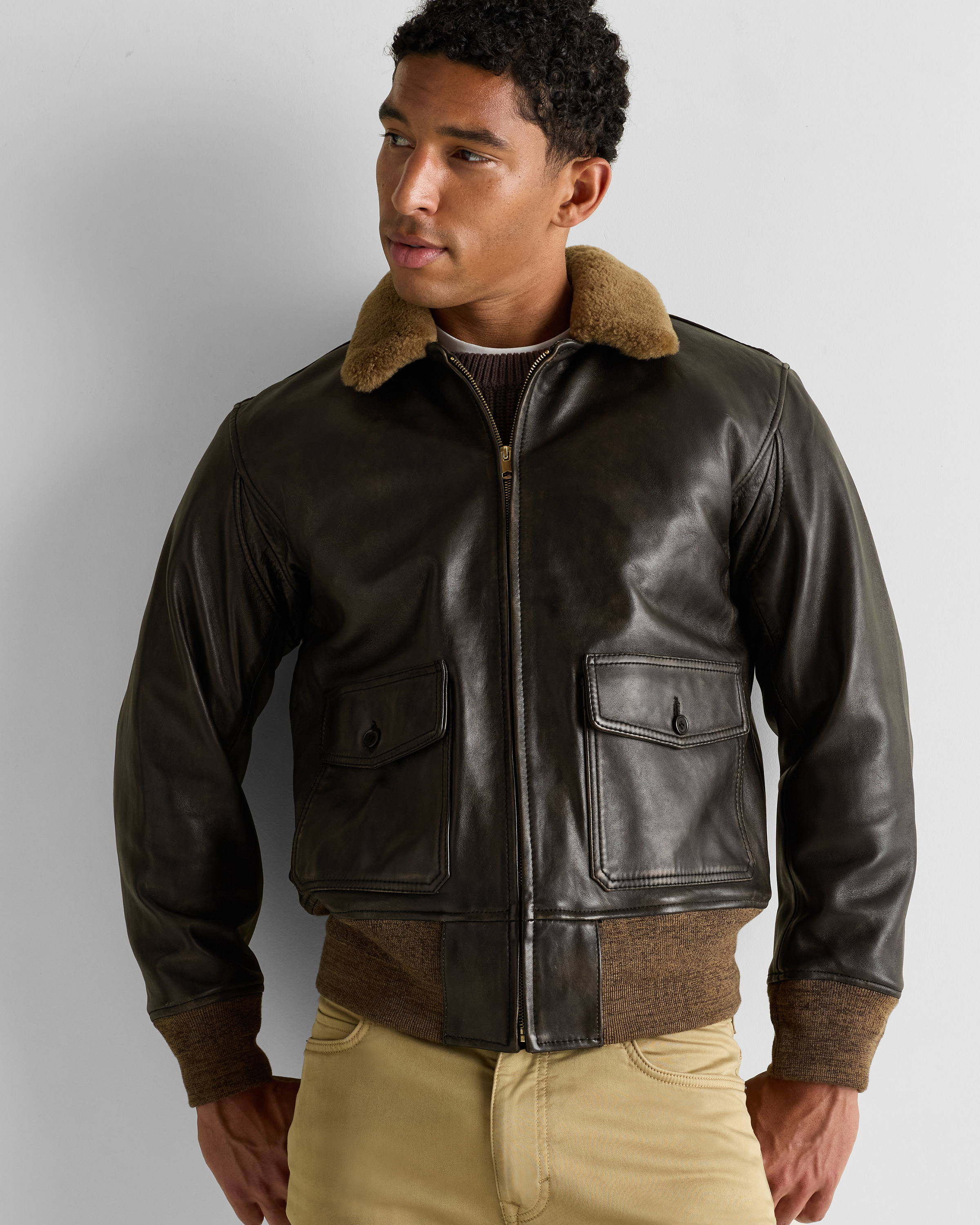 Shearling Collar Leather Flight Jacket