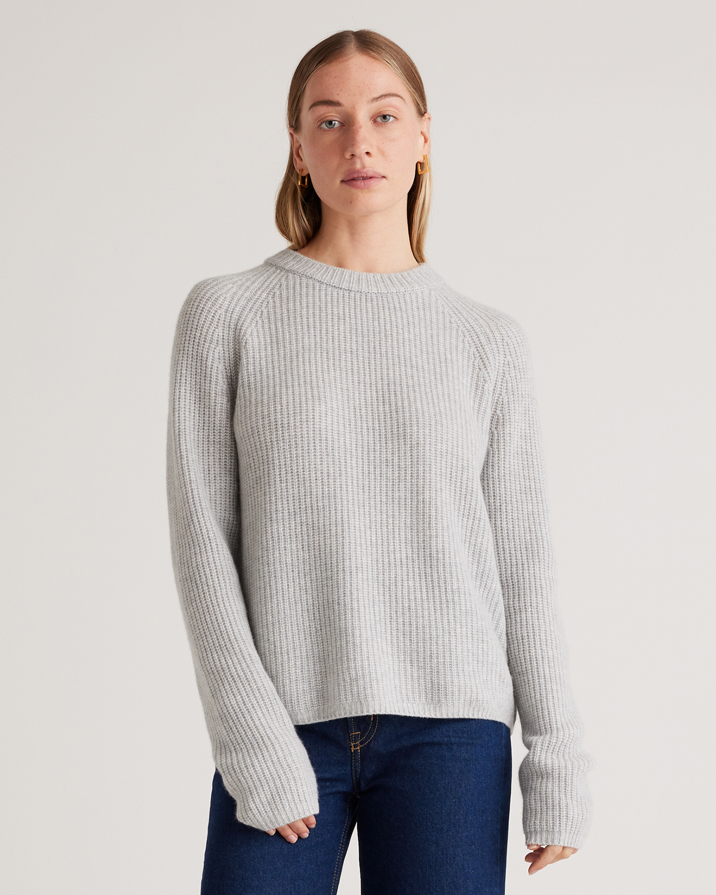 Quince Women's Mongolian Cashmere Fisherman Crewneck Knit Sweater In Heather Pale Grey