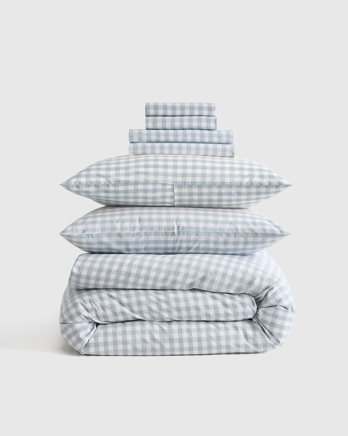 Classic Organic Percale Gingham Deluxe Bedding Bundle in Blue Fog | Queen