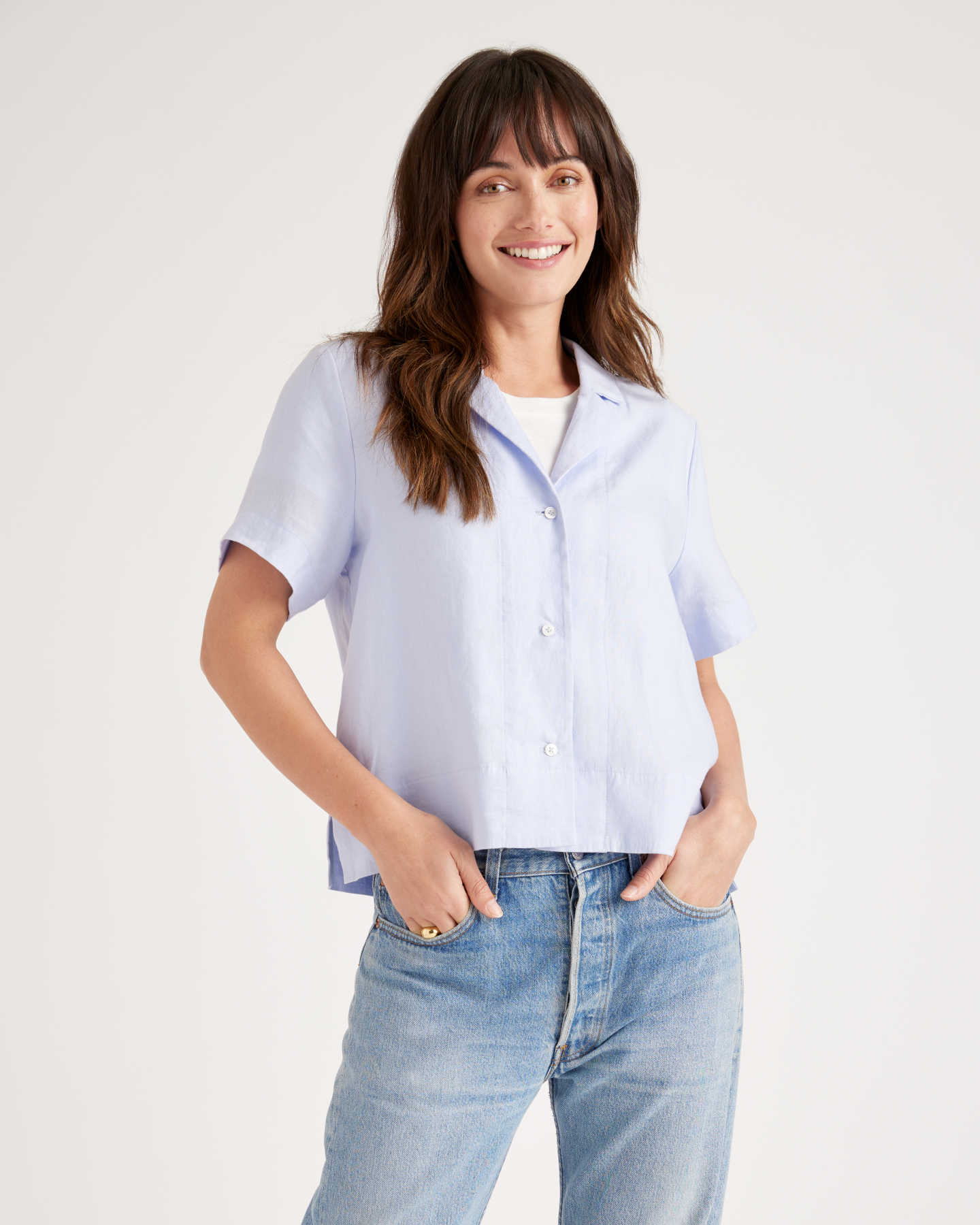 100% European Linen Short Sleeve Shirt - Light Blue - 3