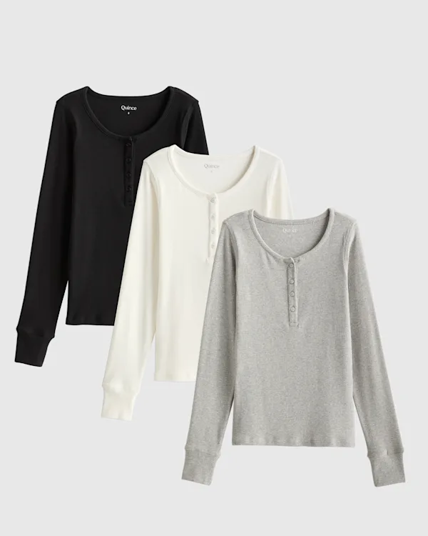 Organic Cotton Micro-Rib Long Sleeve Henley Tee 3 Pack Bundle