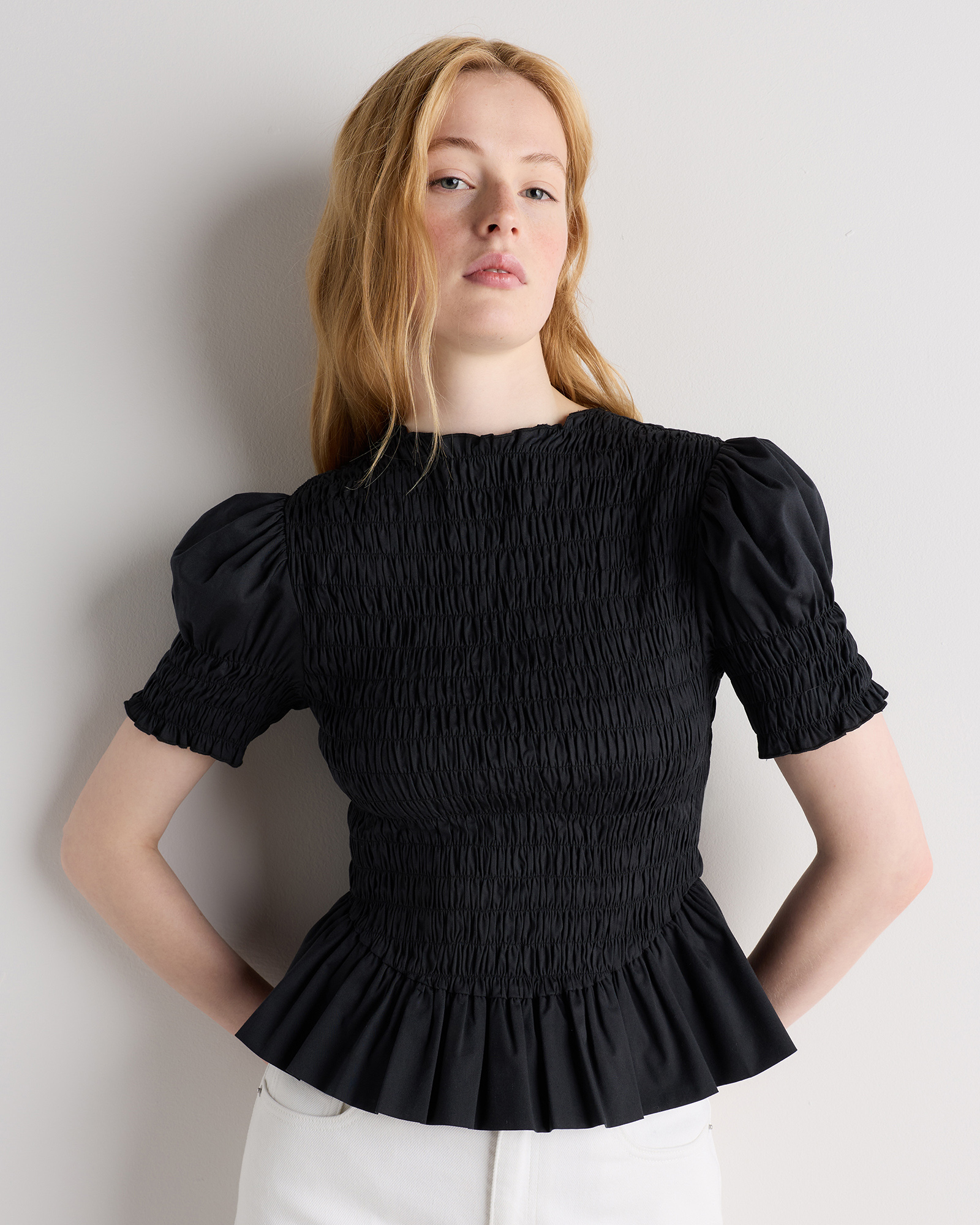 Cotton Viscose Voile Smocked Peplum Top in Black