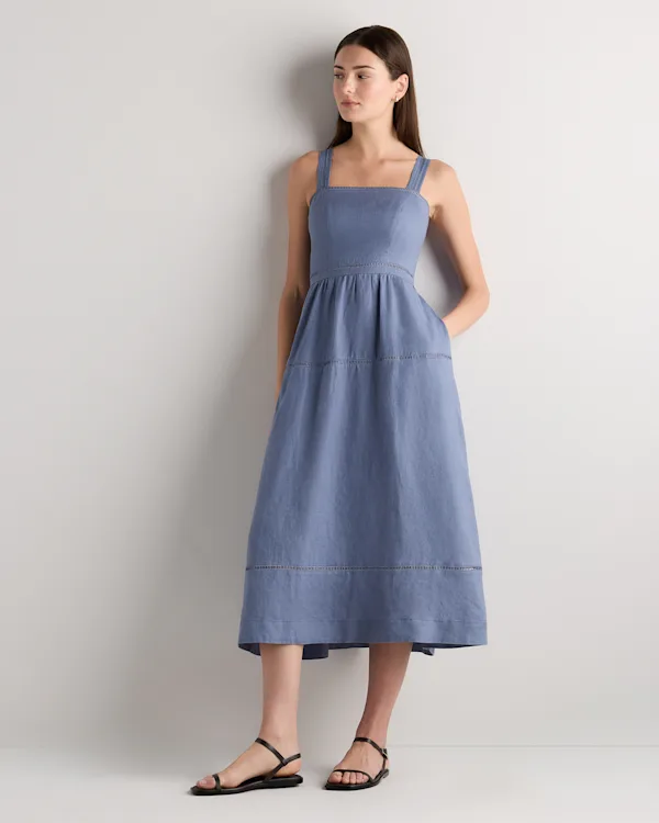 100% European Linen Ladder Stitch Midi Dress