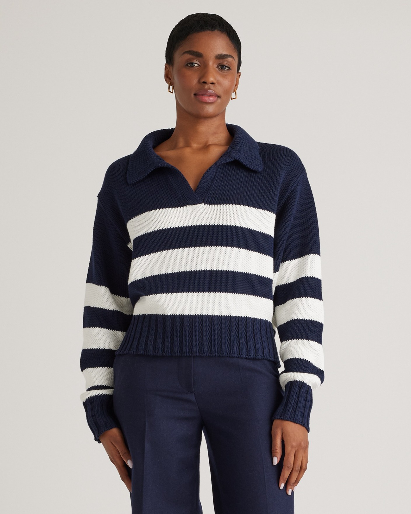 Quince Women's 100% Organic Cropped Cotton Polo Sweater In Navy/white