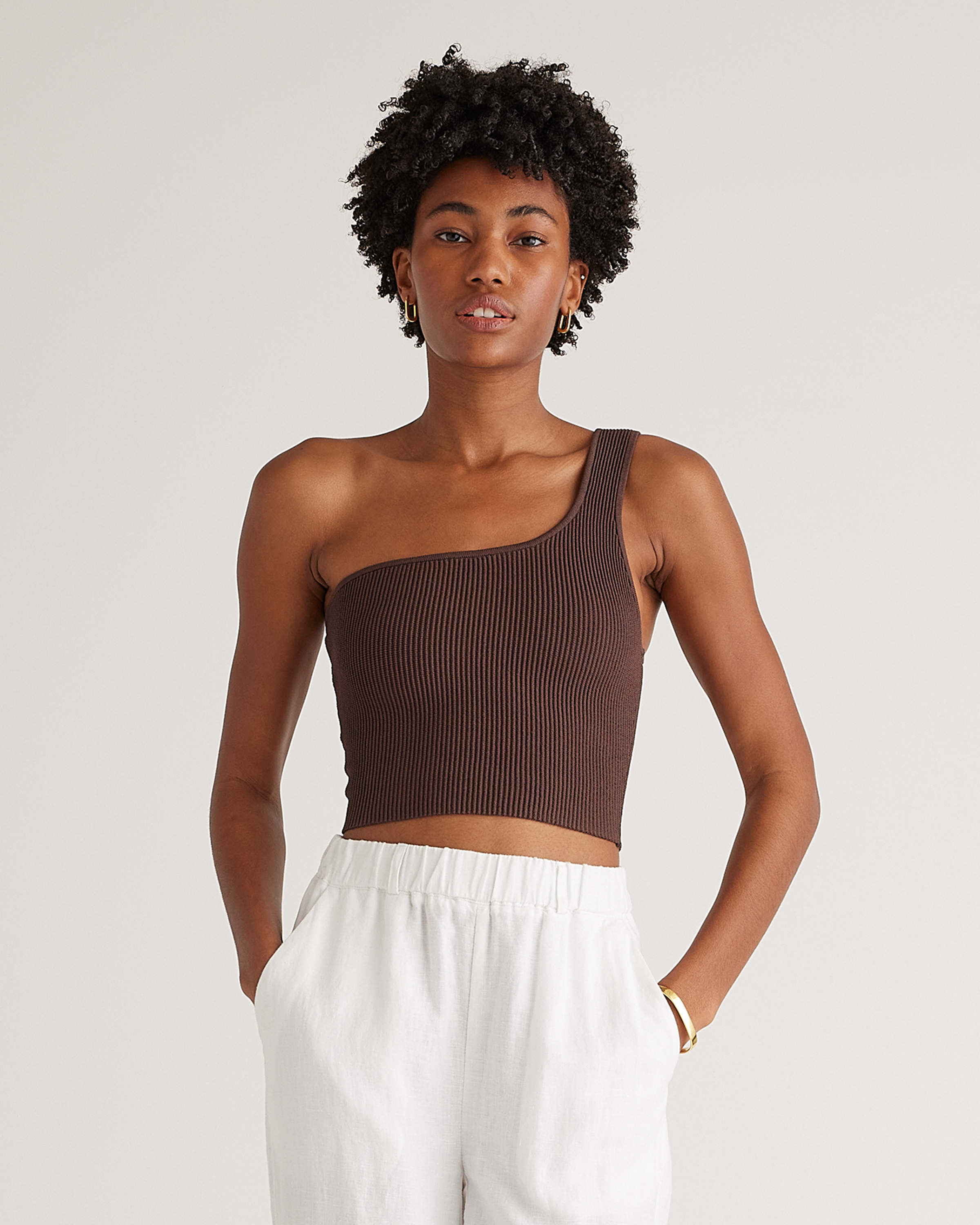 Cropped One Shoulder Ribbed Knit Tank