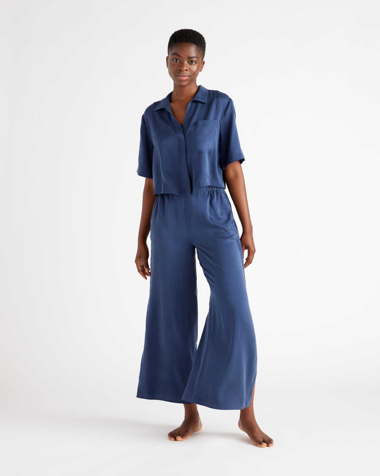 100% Washable Silk Button Up & Pants Pajama Set - Indigo