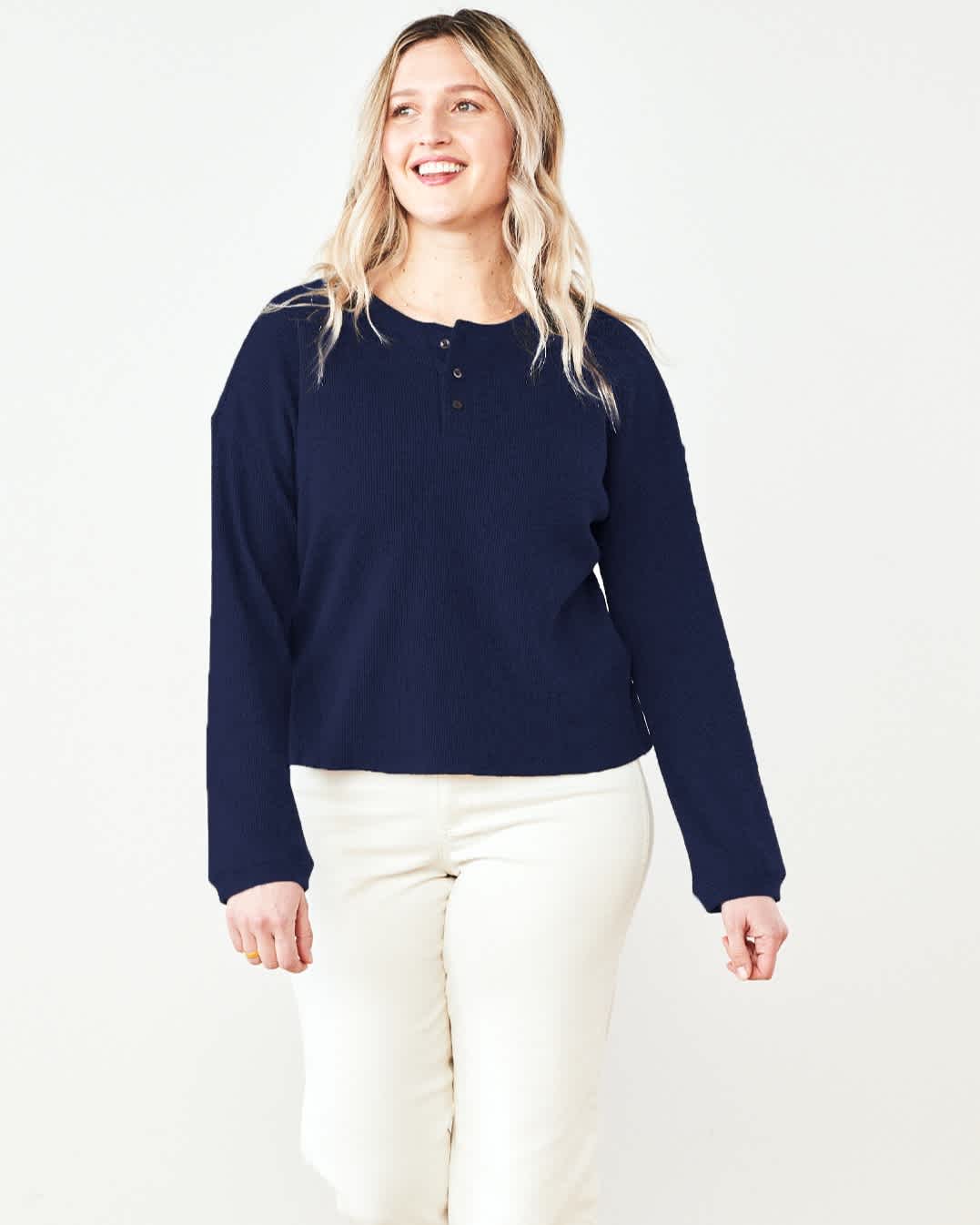 Luxe Organic Waffle Thermal Henley - Navy
