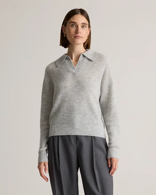 Baby Alpaca-Wool Waffle Stitch Polo Sweater