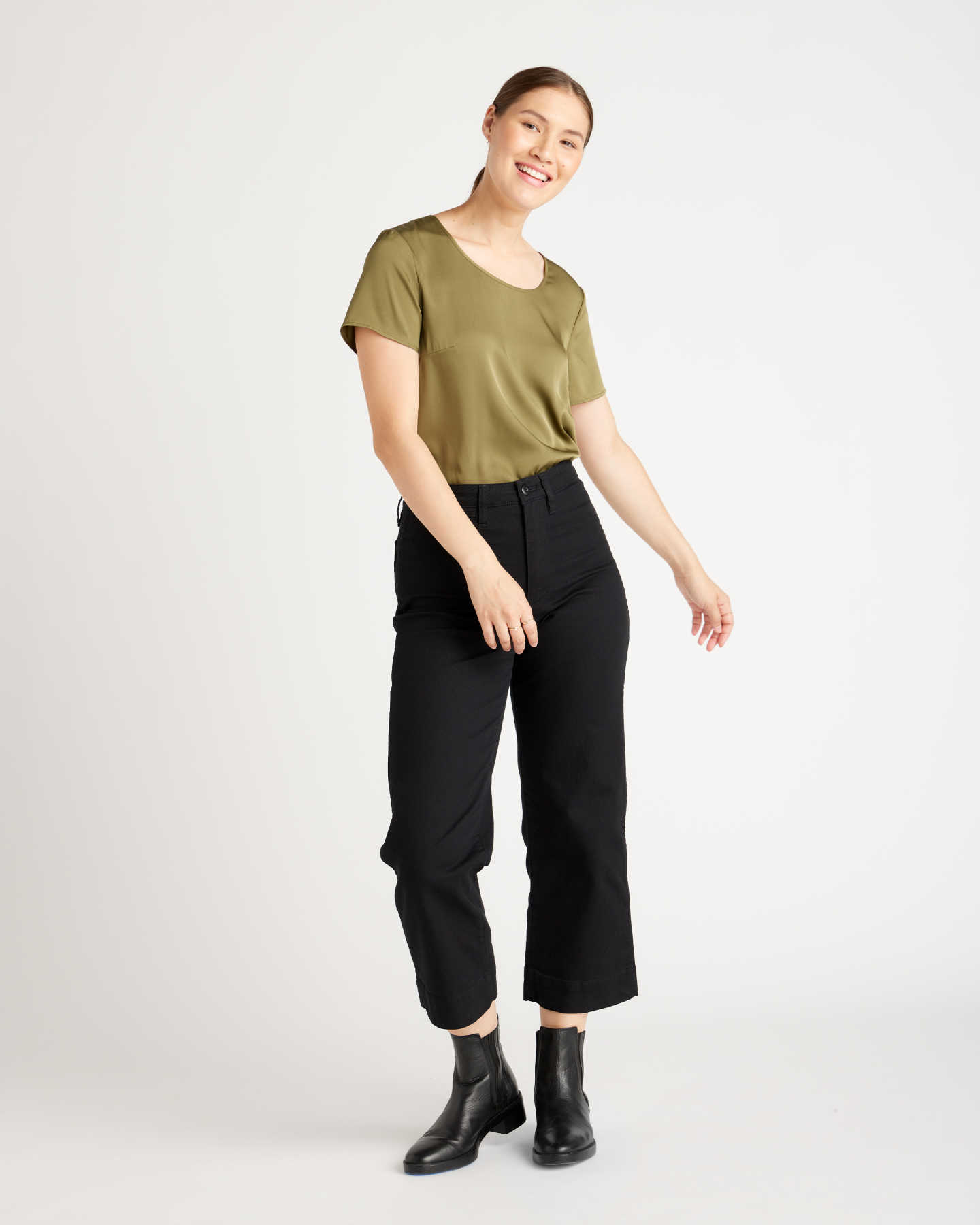 Washable Stretch Silk Tee - Military Olive - 4