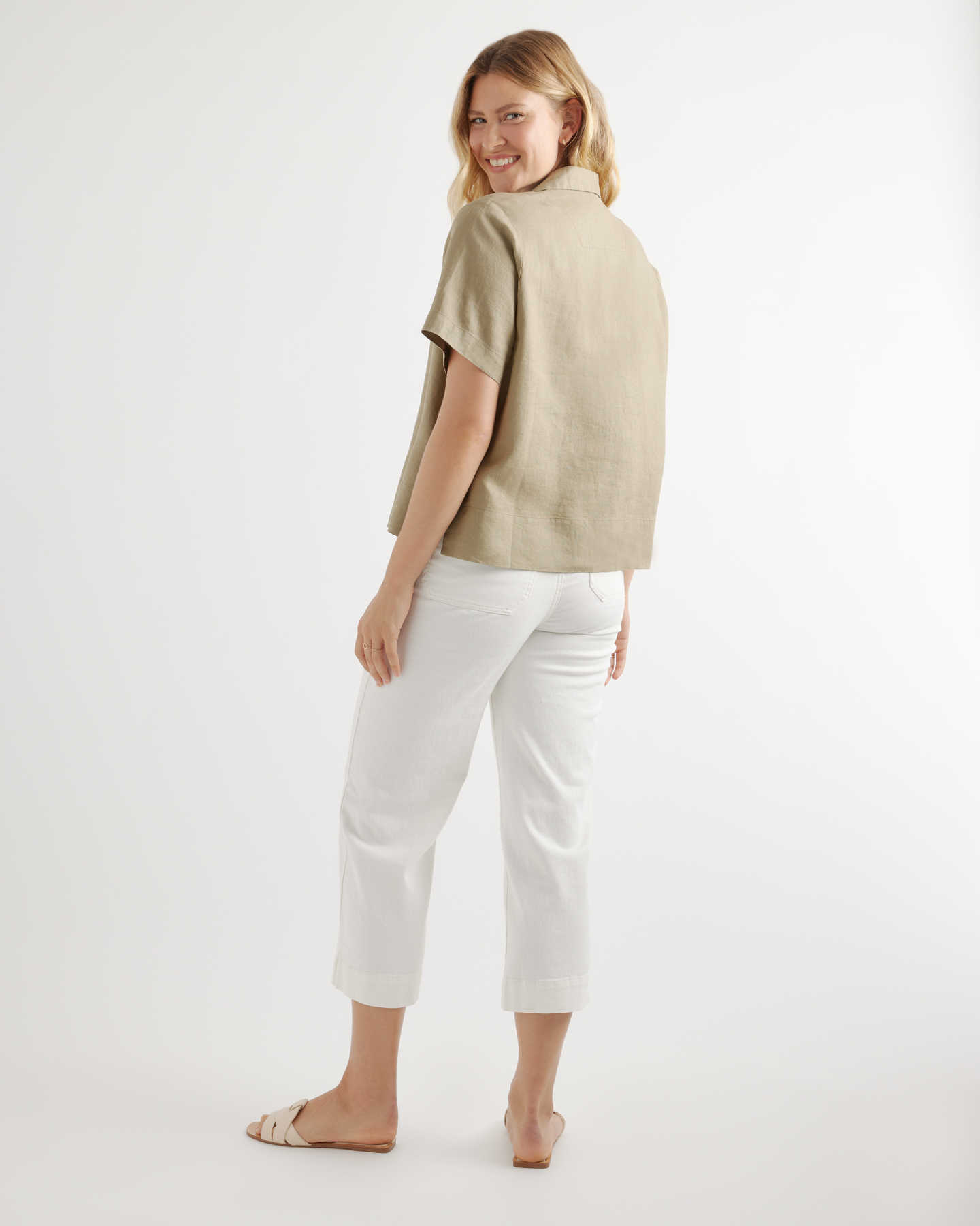 100% European Linen Short Sleeve Shirt - Washed Olive - 5 - Thumbnail