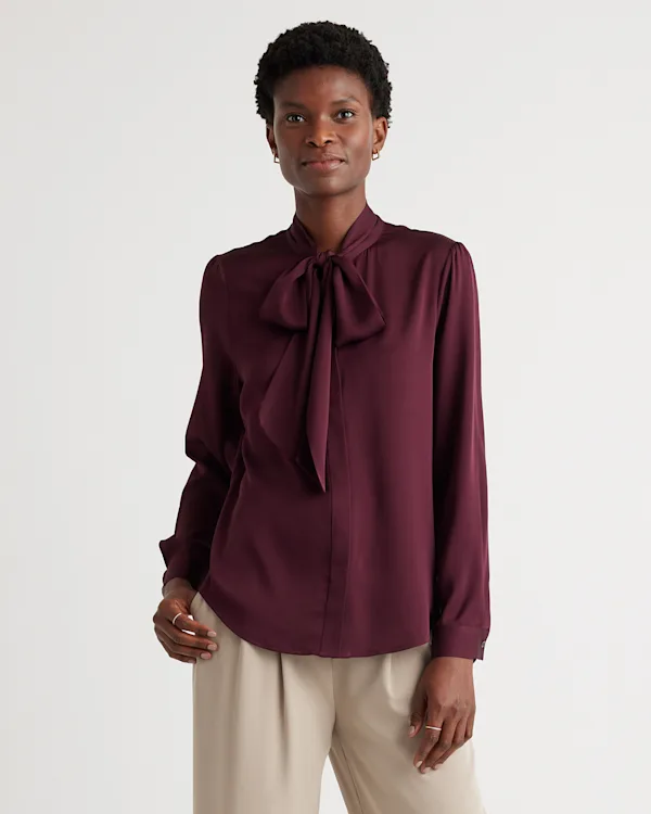 Washable Stretch Silk Tie Neck Blouse 