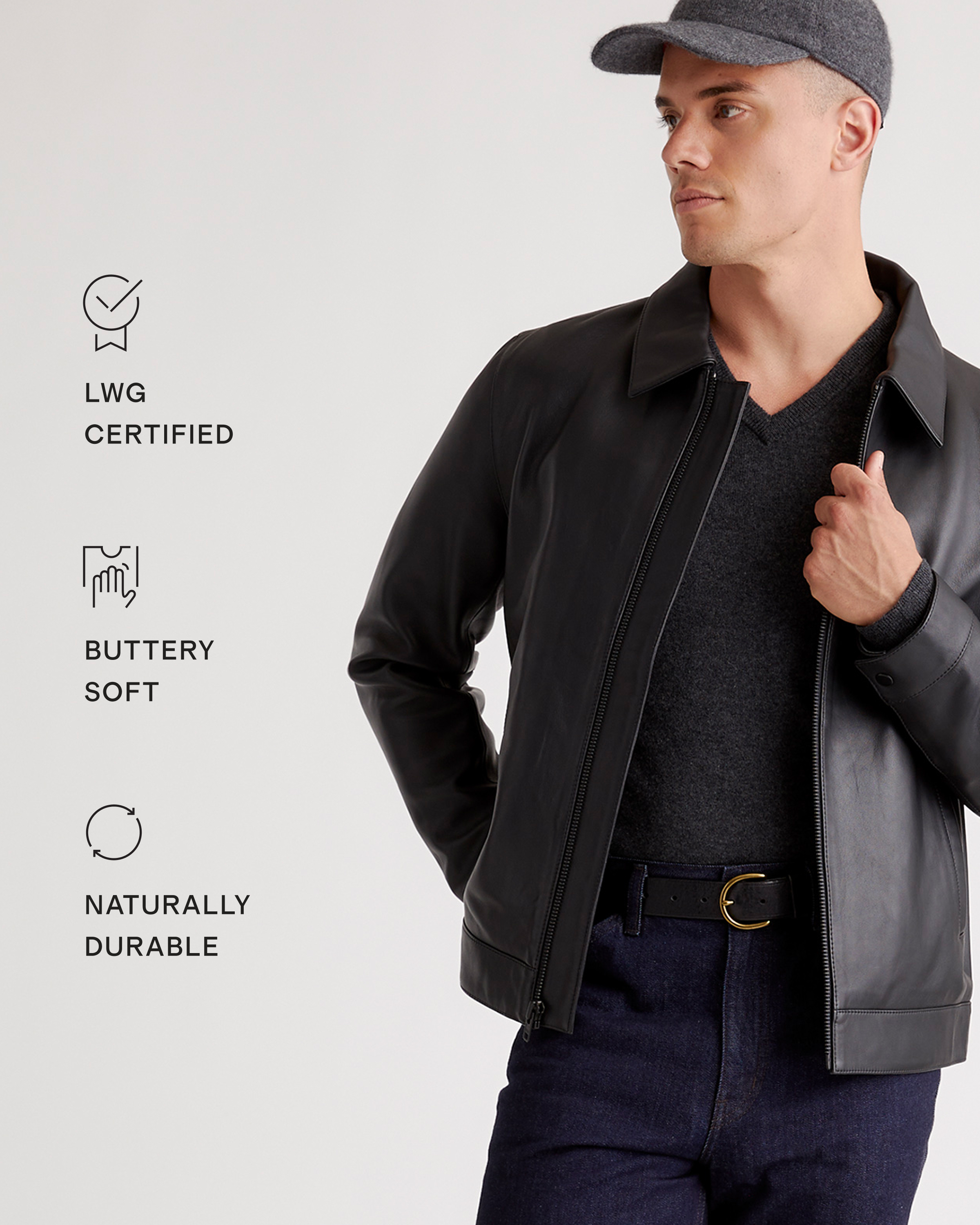 100% Leather Harrington Jacket in True Black