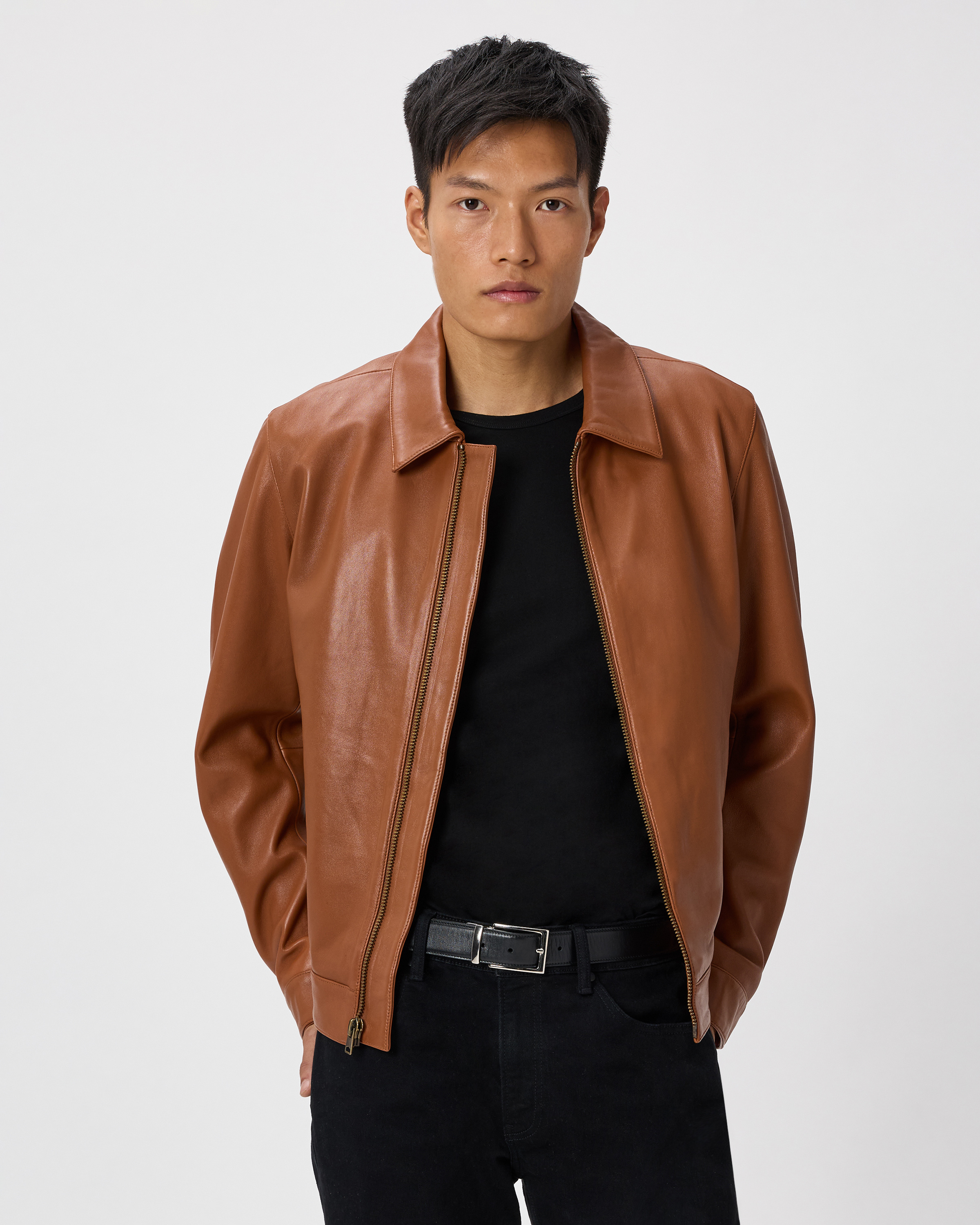 100% Leather Harrington Jacket in Rich Brown