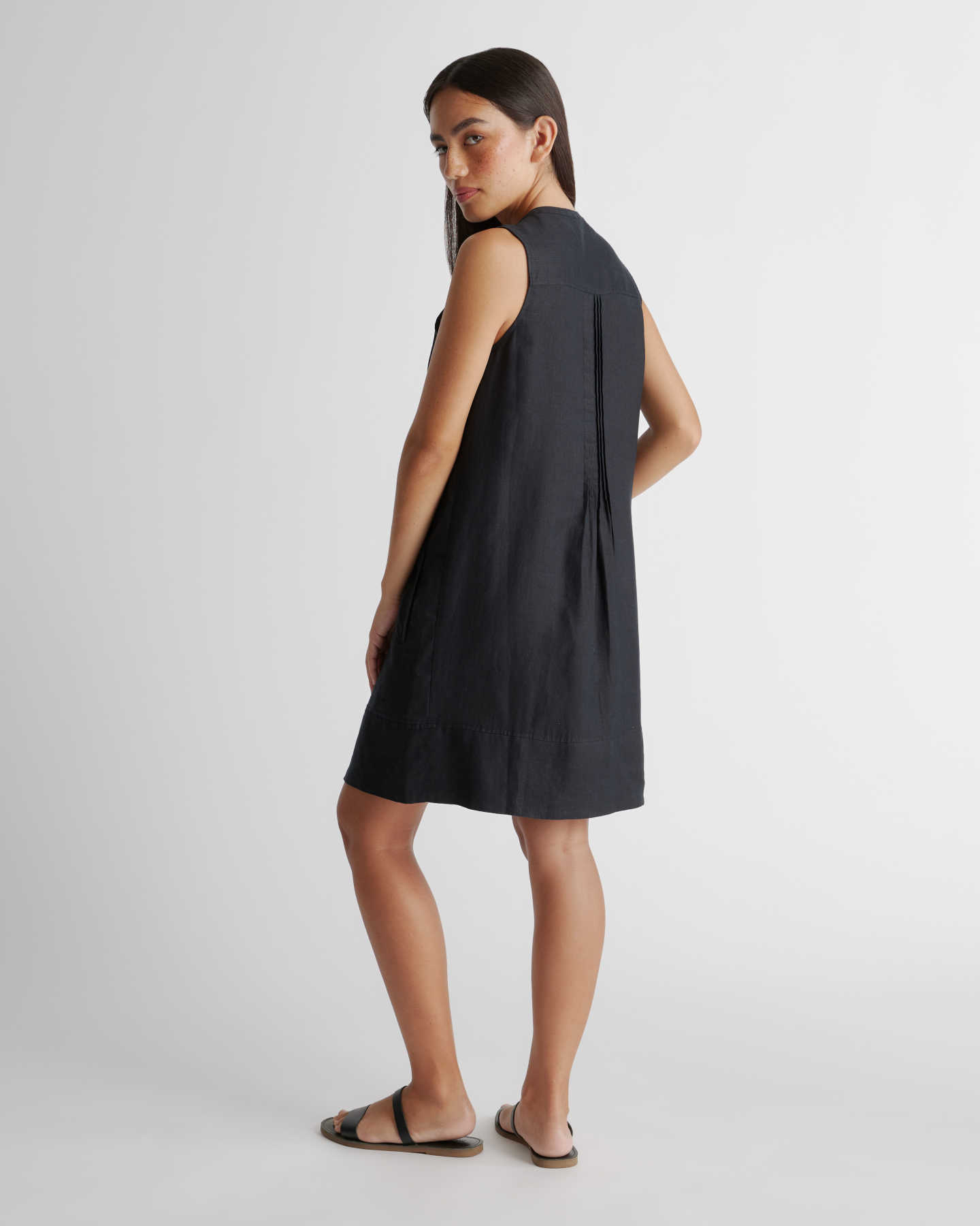 100% European Linen Sleeveless Swing Dress - Black - 7 - Thumbnail