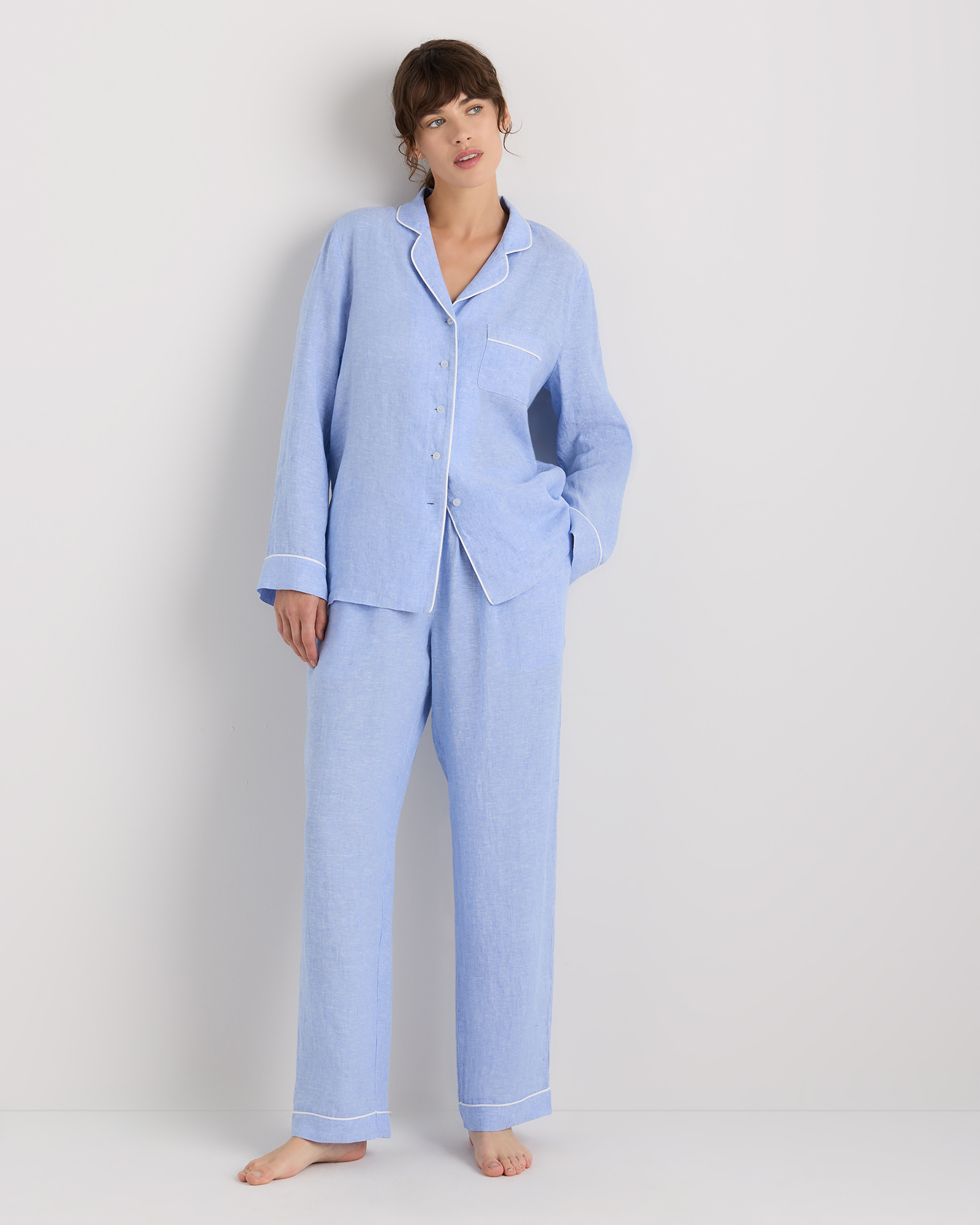 100% European Linen Long Sleeve Pajama Set with Piping