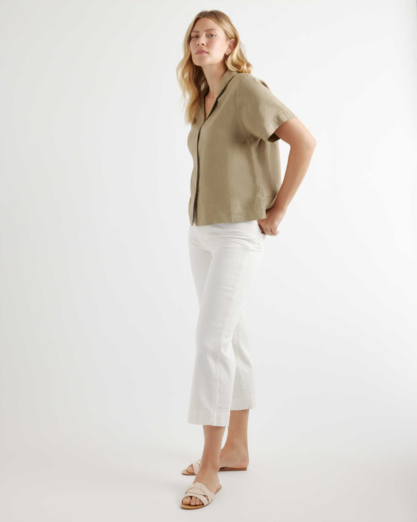 100% European Linen Short Sleeve Shirt - Washed Olive - 2 - Thumbnail
