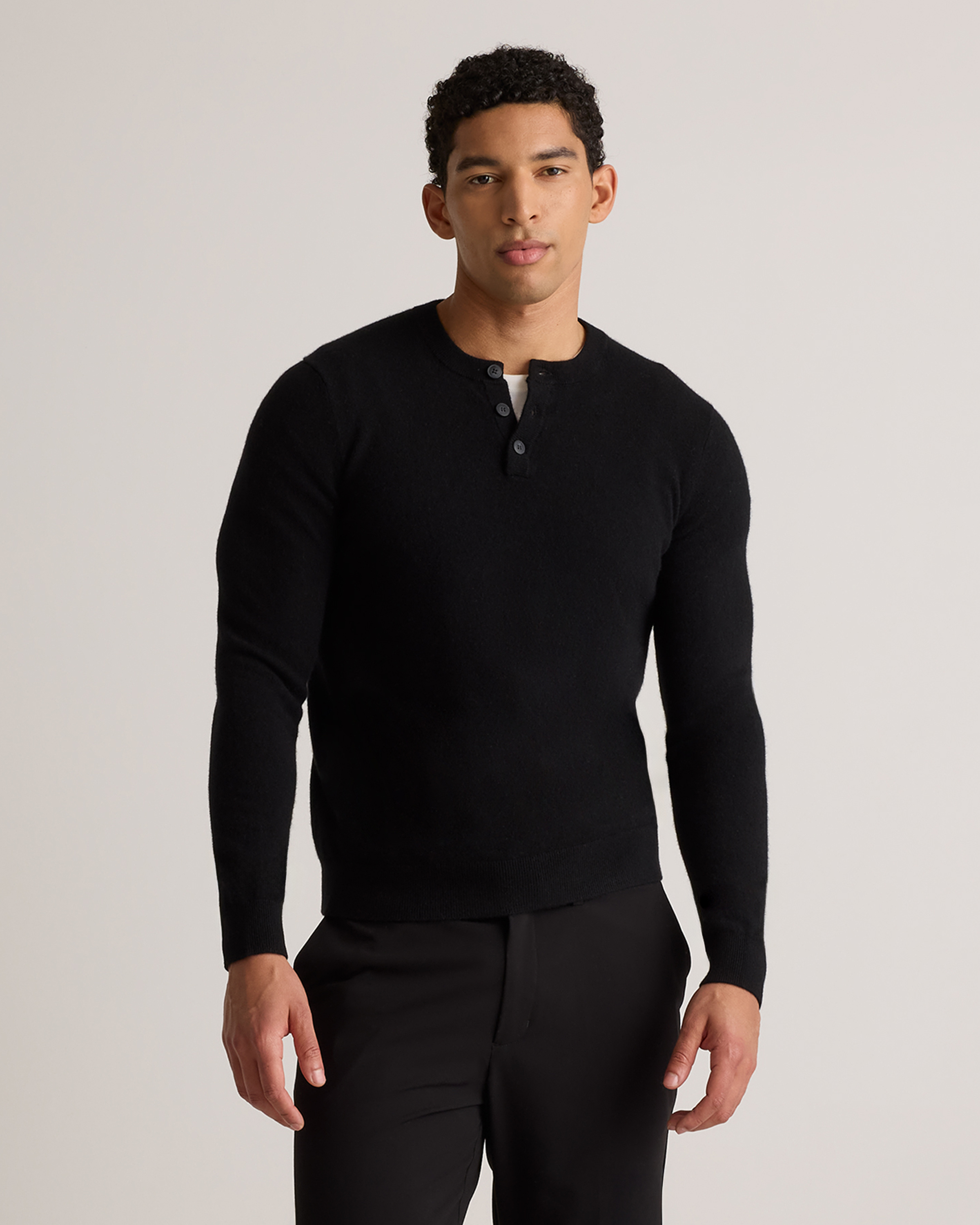Mongolian Cashmere Henley Sweater in Black