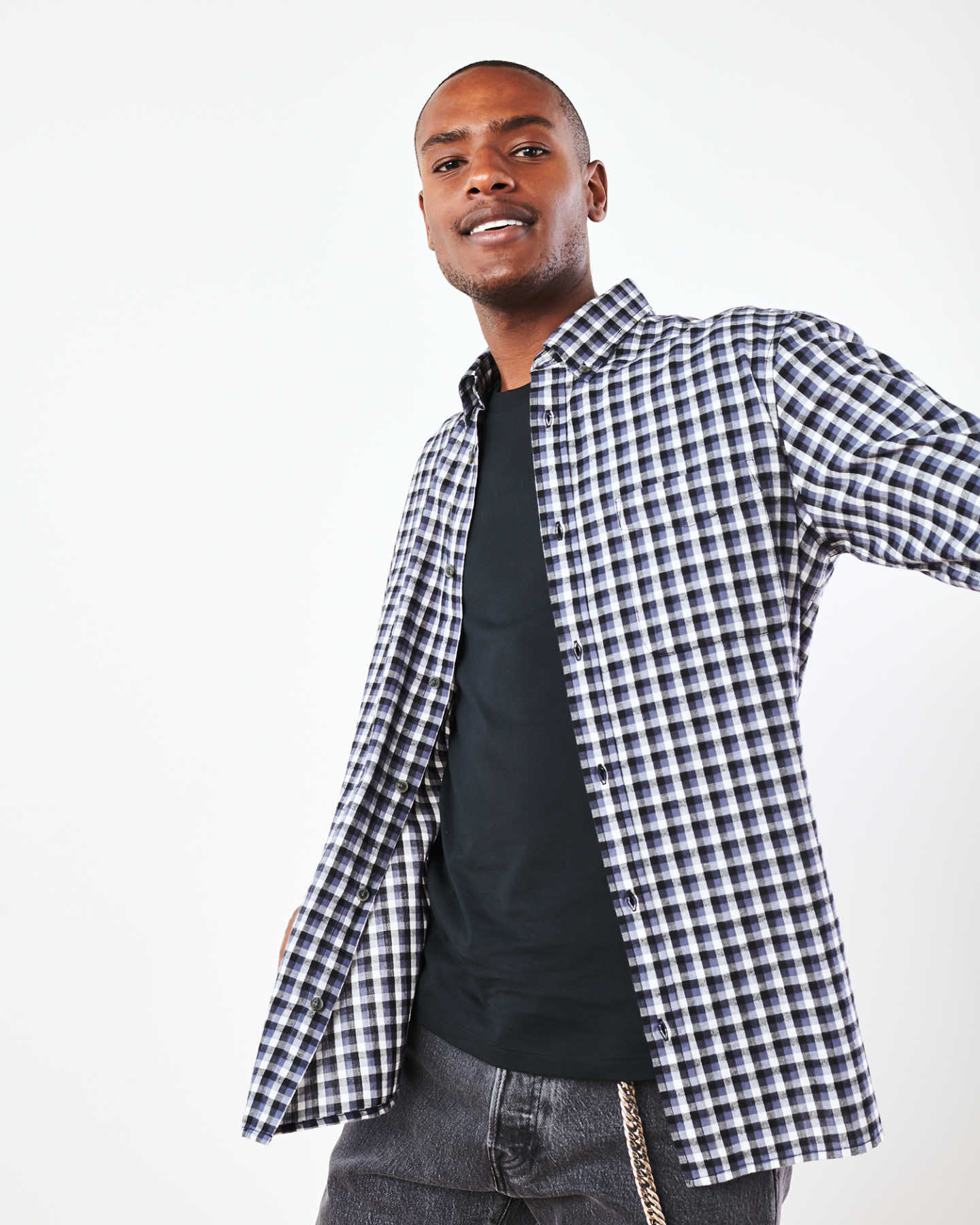 Brushed Twill Plaid Shirt - Black/Grey