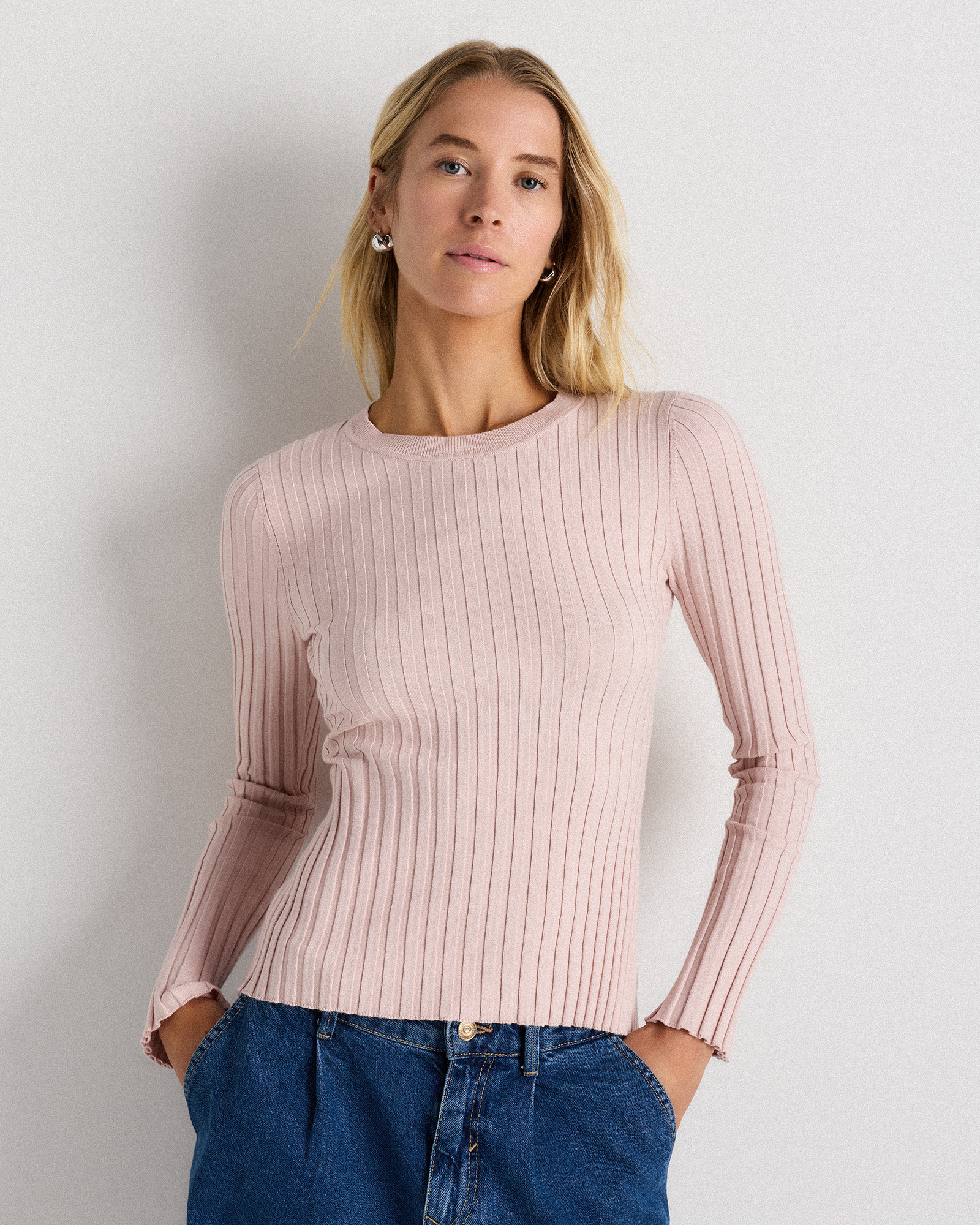 Cotton Cashmere Ribbed Long Sleeve Sweater 
