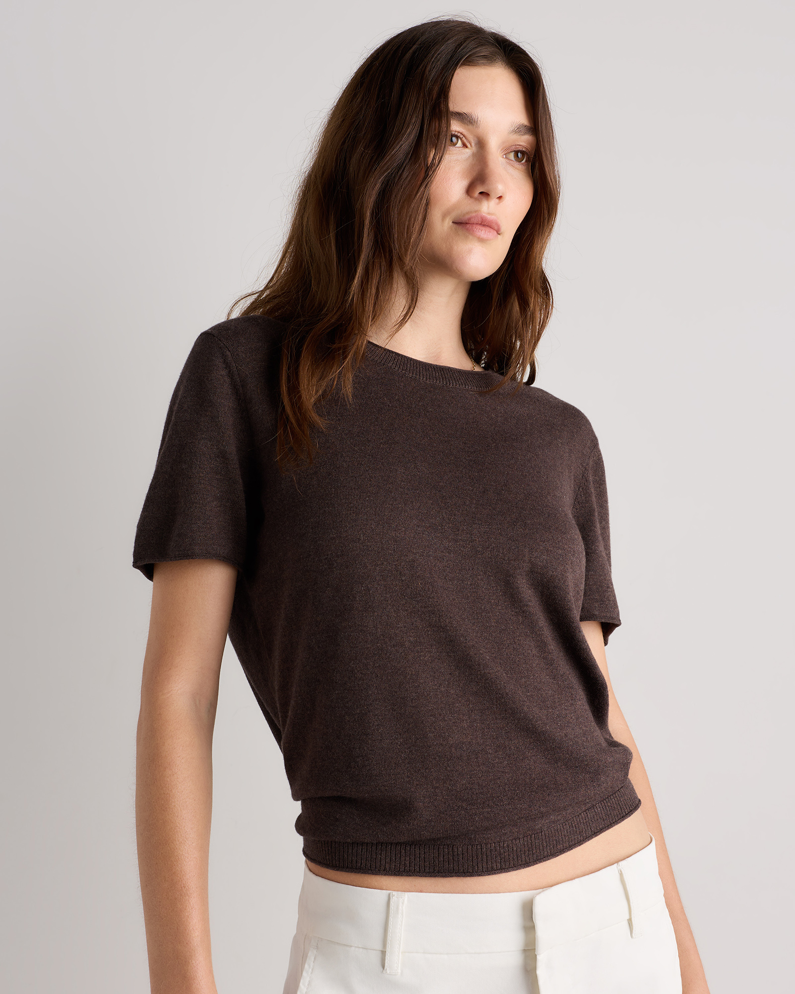 Lightweight Cotton Cashmere Relaxed Sweater Tee in Mocha Heather