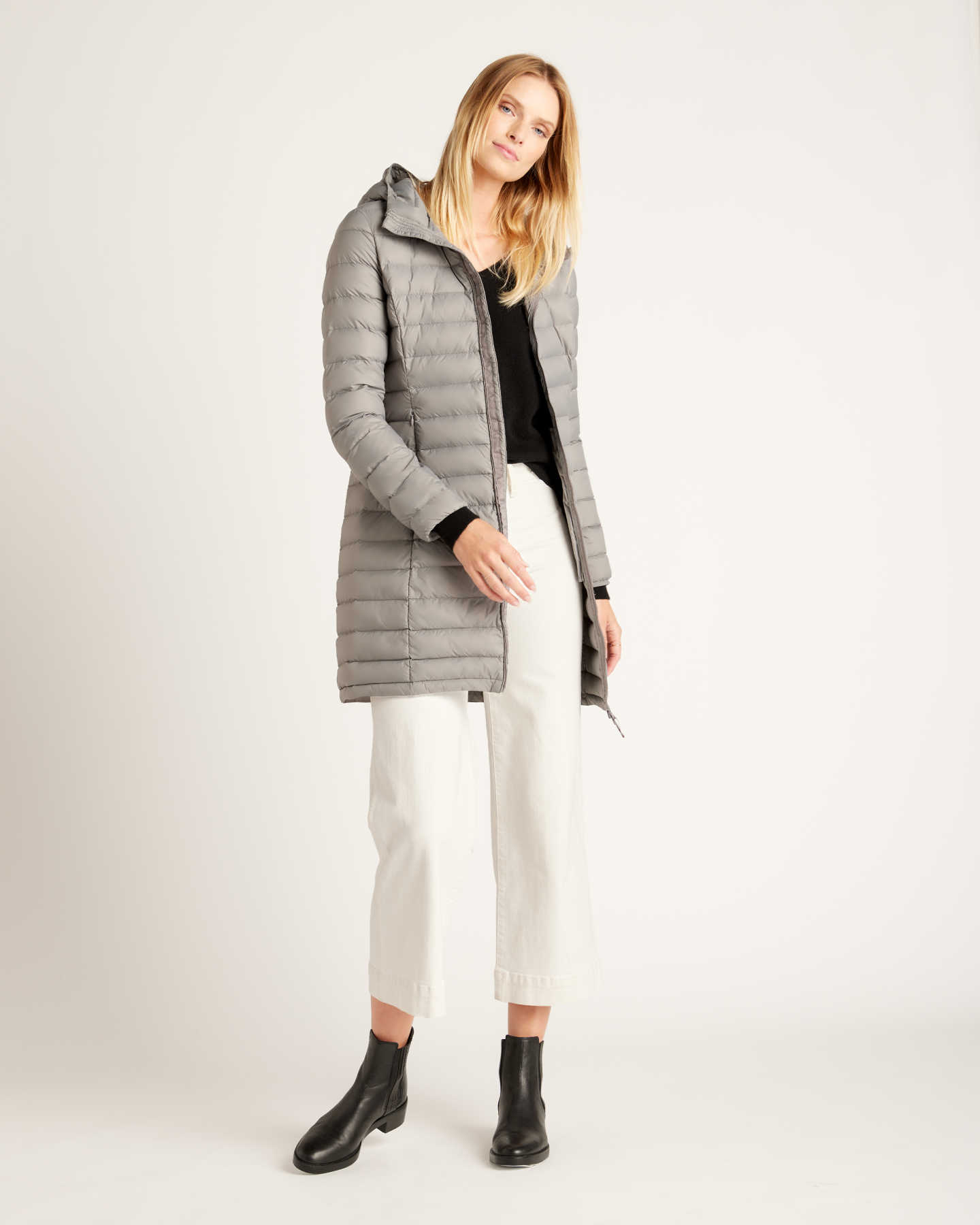 Lightweight Down Long Puffer Jacket - Light Grey