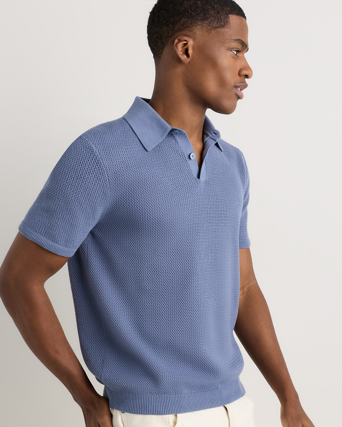 100% Organic Cotton Mesh-Stitch Sweater Polo in Charcoal