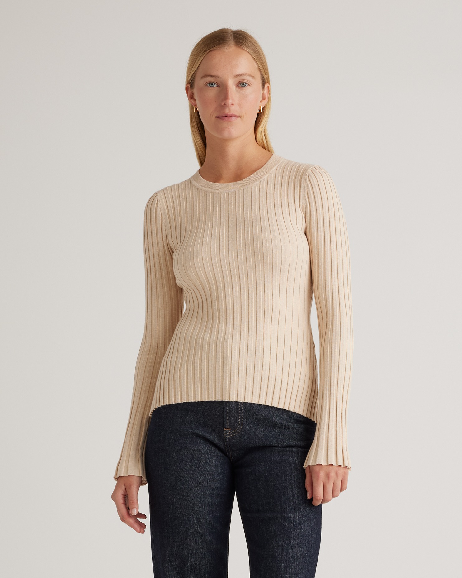Shop Quince Women's Cotton Cashmere Ribbed Long Sleeve Sweater In Heather Oatmeal