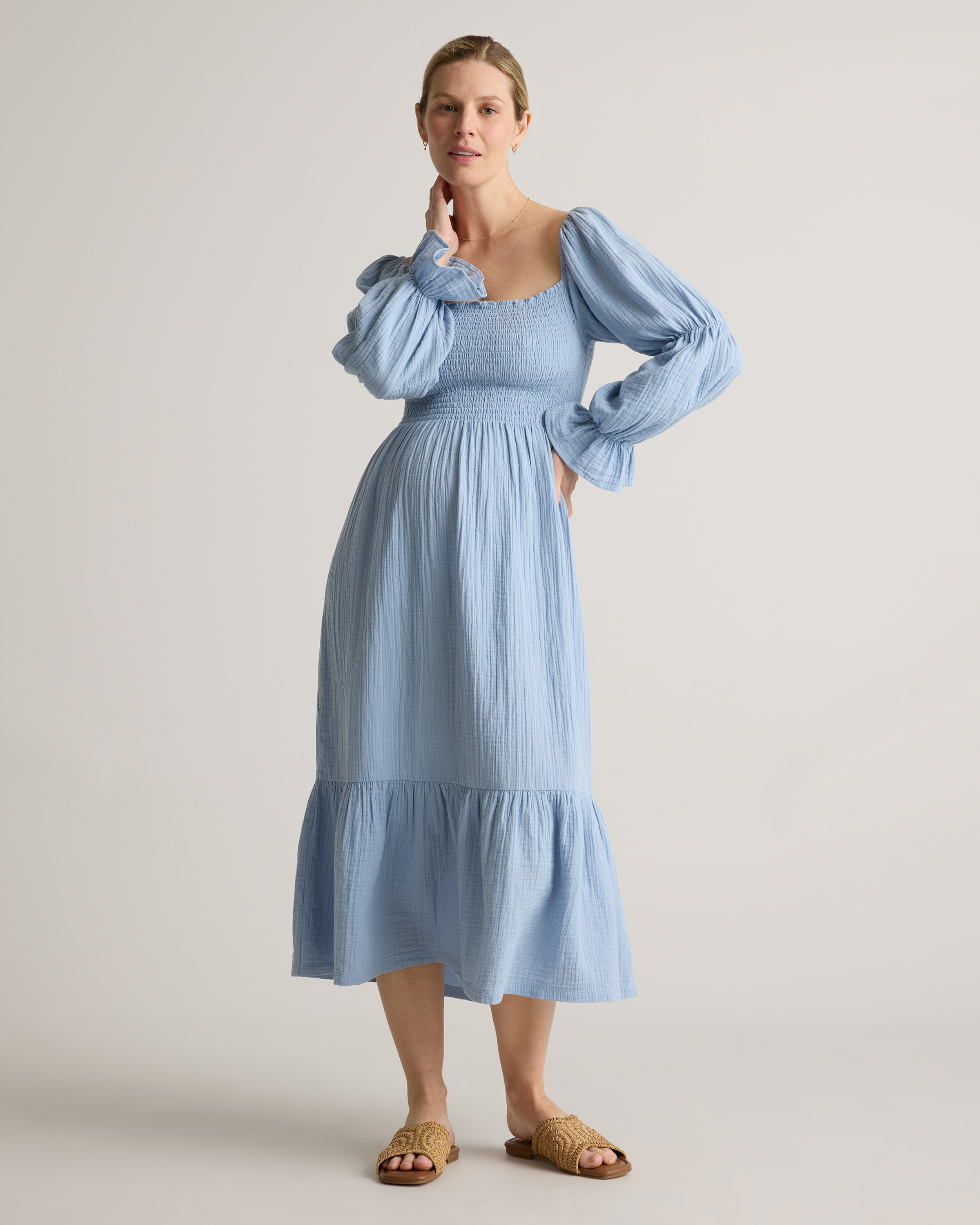 100% Organic Cotton Gauze Maternity Smocked Midi Dress