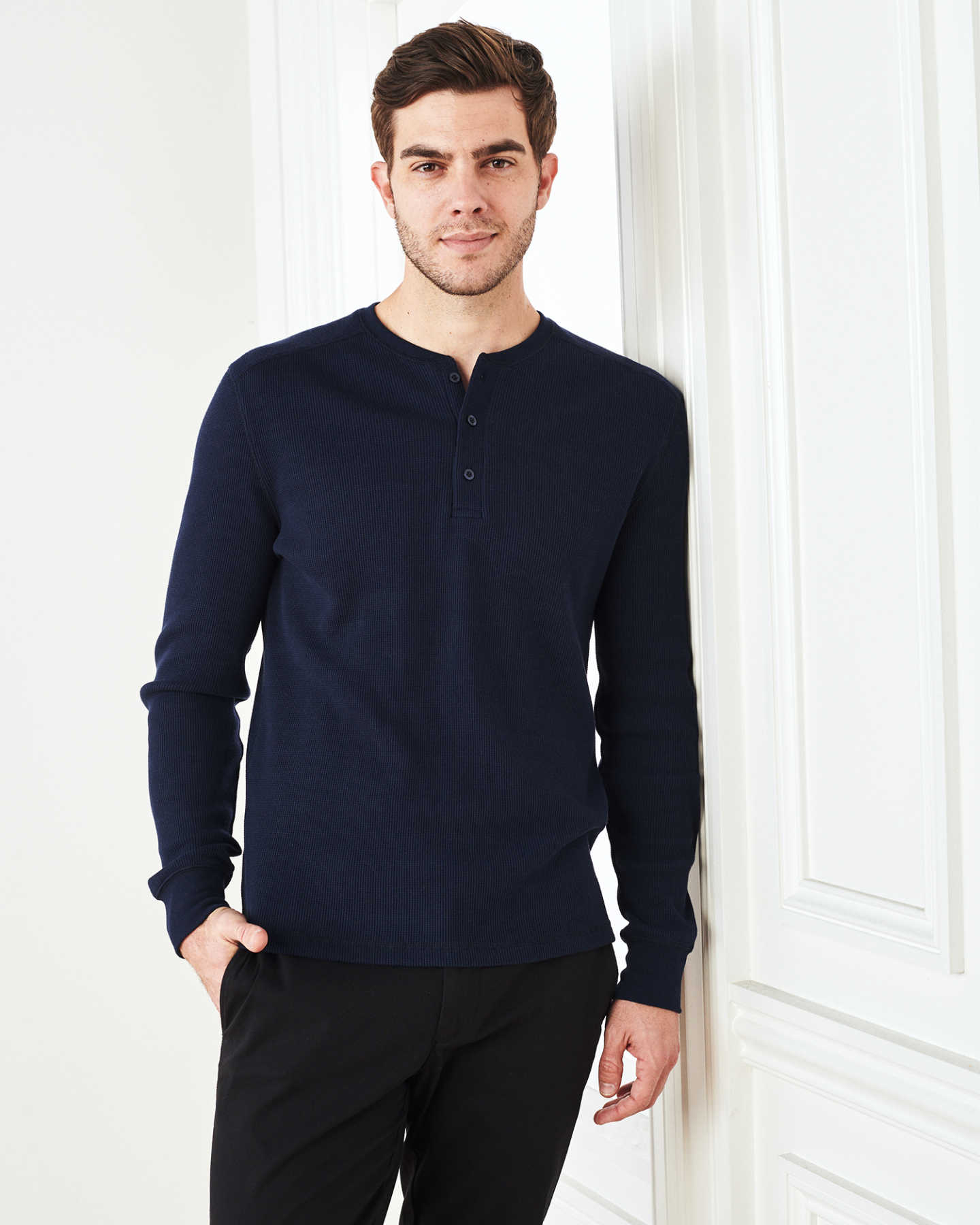 Luxe Organic Waffle Thermal Henley - Navy