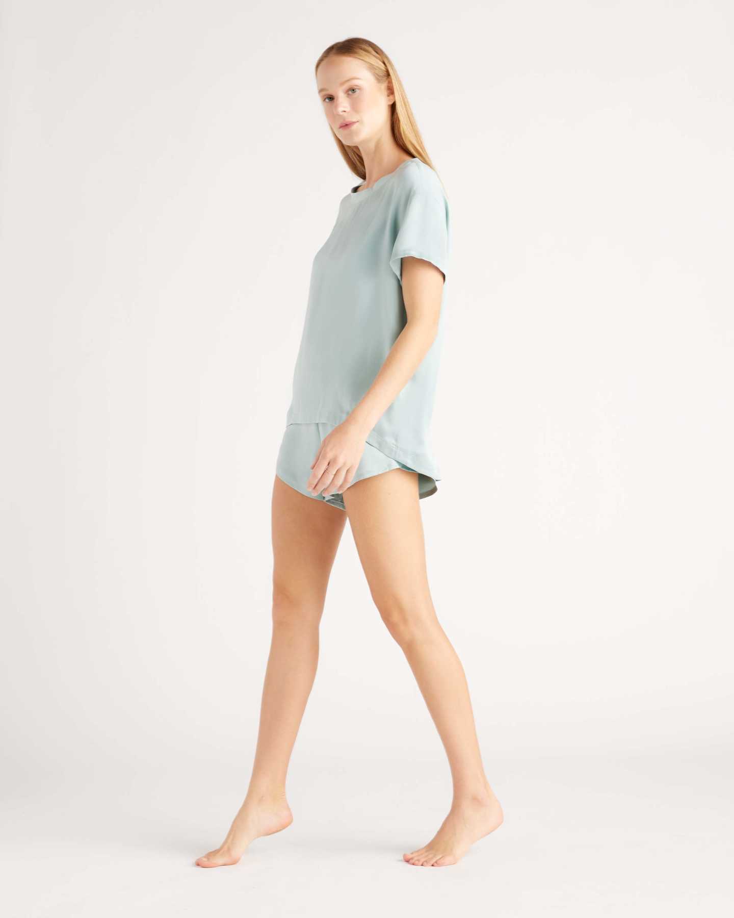 100% Washable Silk Tee & Shorts Pajama Set - Mist - 2 - Thumbnail
