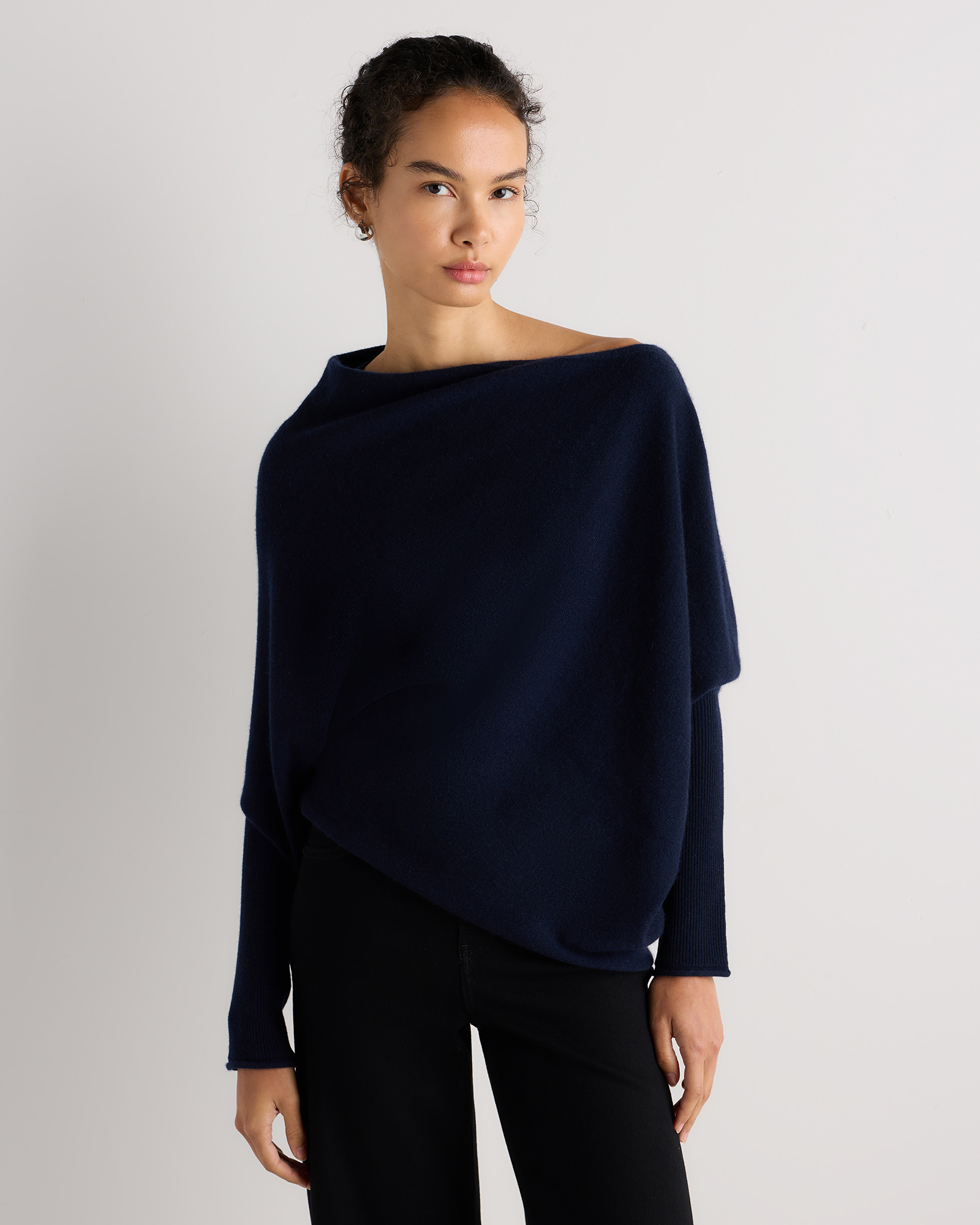 100% Mongolian Cashmere Asymmetric Draped Sweater in True Navy