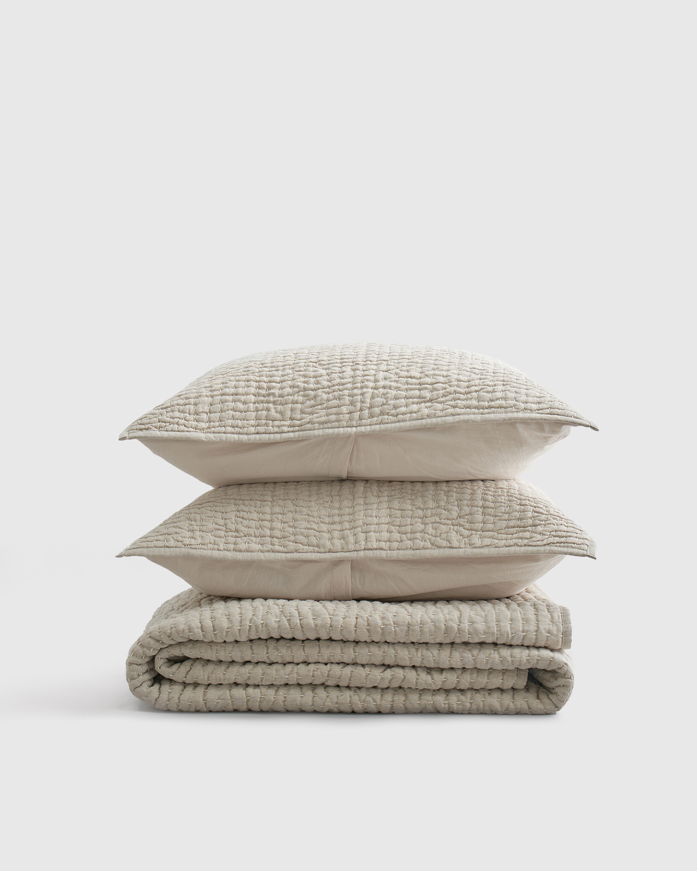 European Linen Cotton Stitch Quilt Set - Natural, King/Cal King