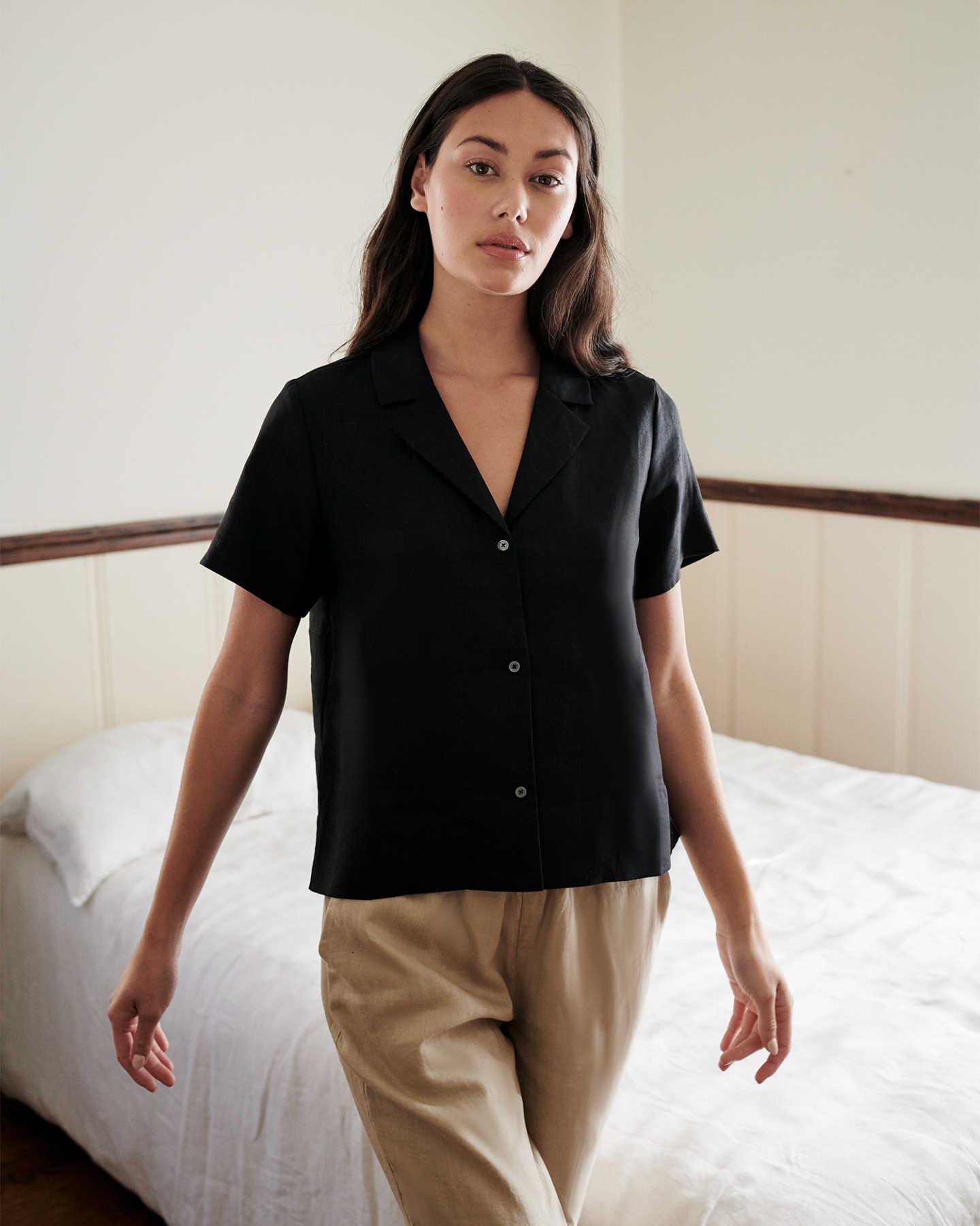 linen short sleeve shirt women black with linen pants 1