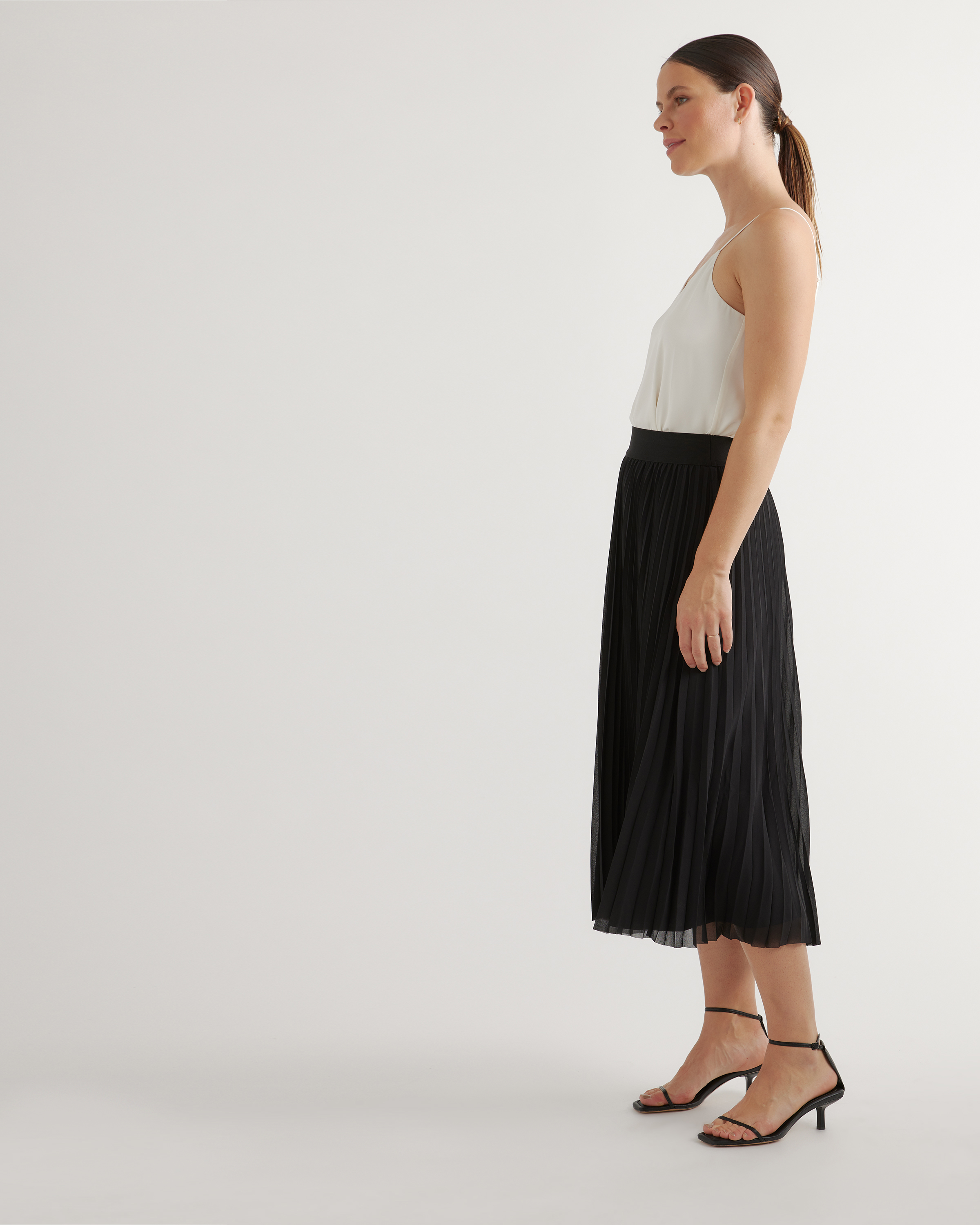 next black pleated midi skirt