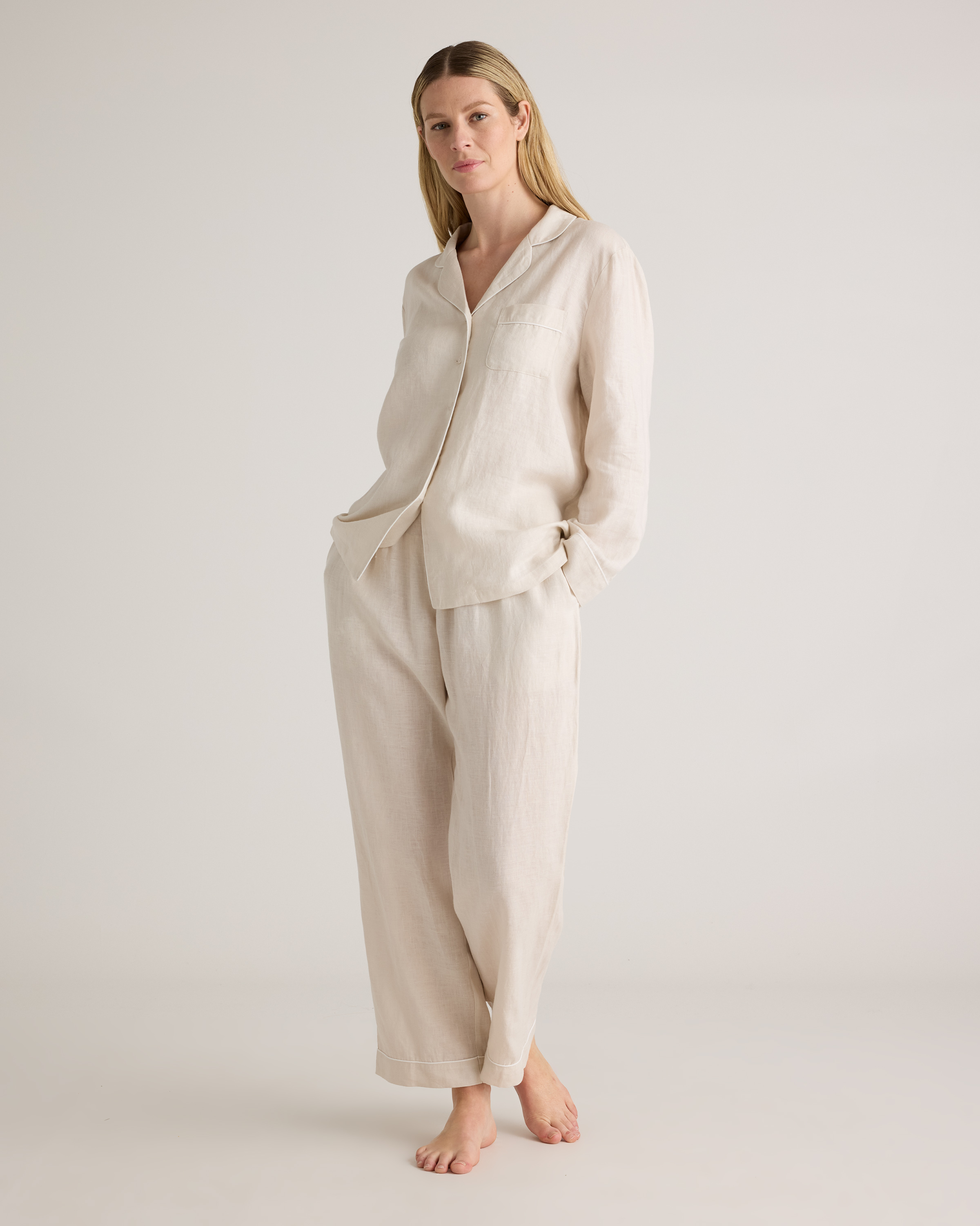 Shop Quince Women's 100% European Linen Long Sleeve Pajama Set With Piping In Sand
