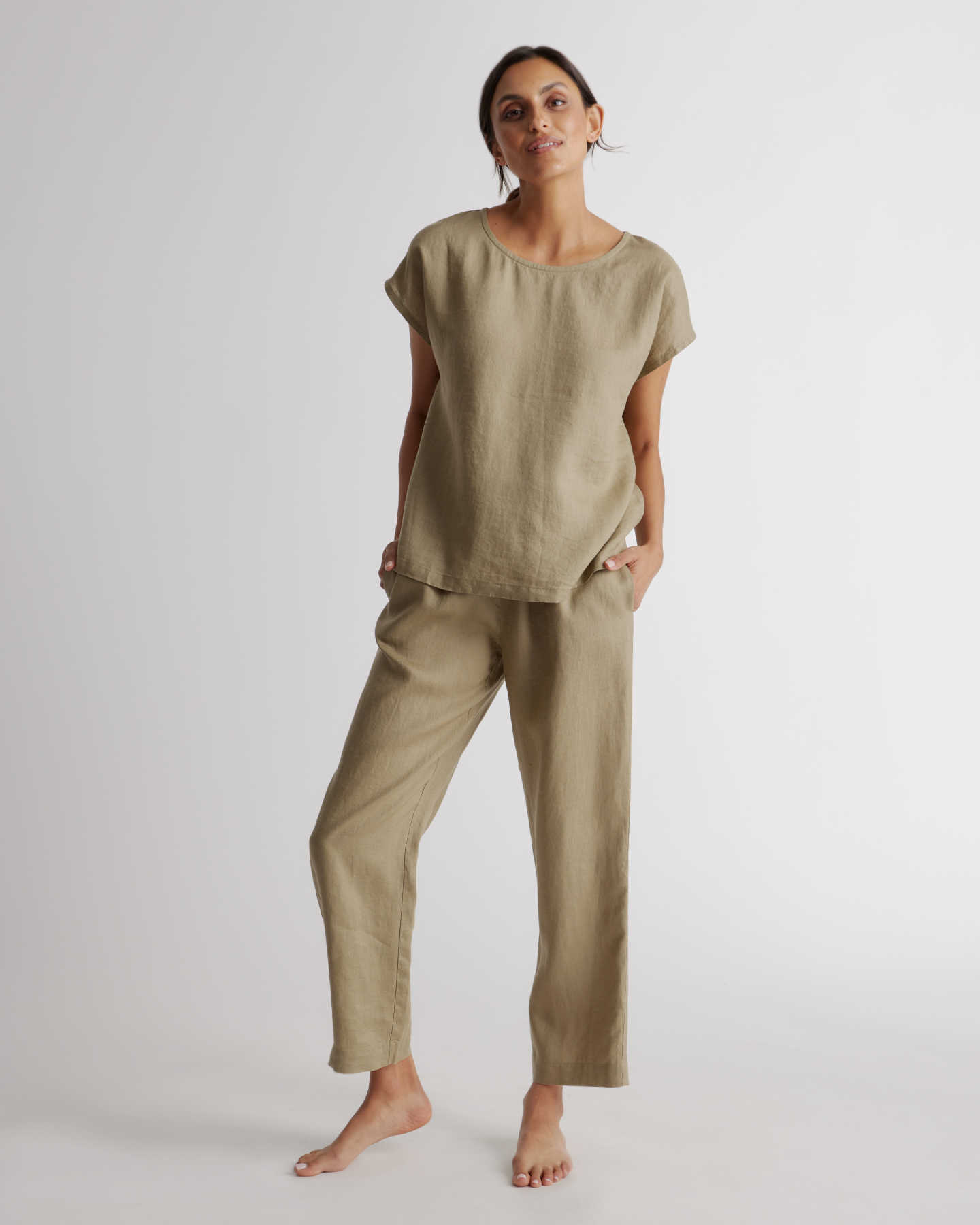 100% European Linen Pajama Set - Washed Olive - 0 - Thumbnail