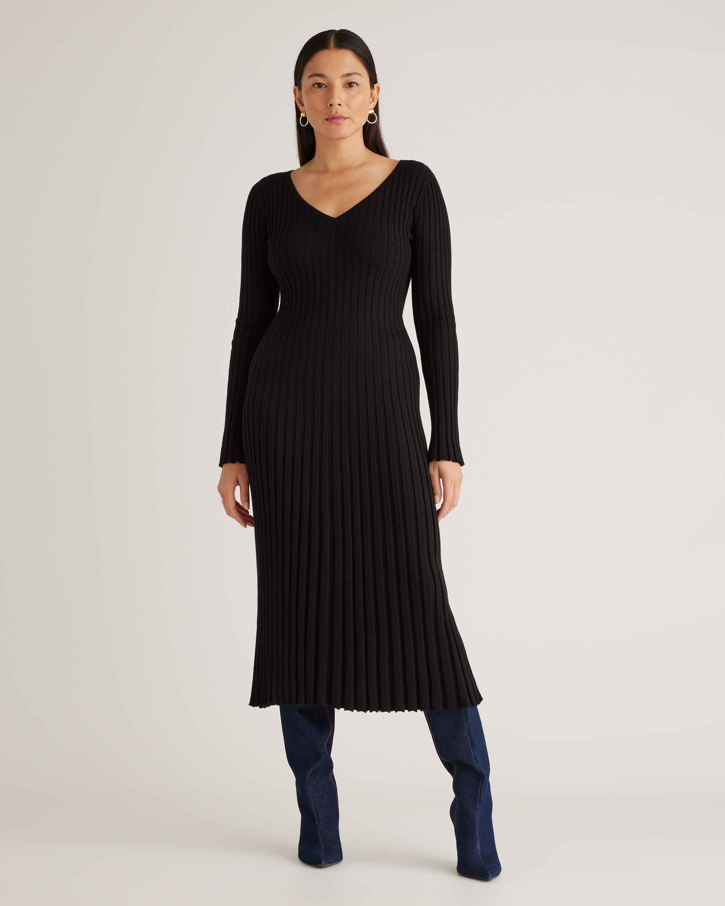 Quince Women's Cotton Cashmere Ribbed Long Sleeve V-neck Midi Dress In Black
