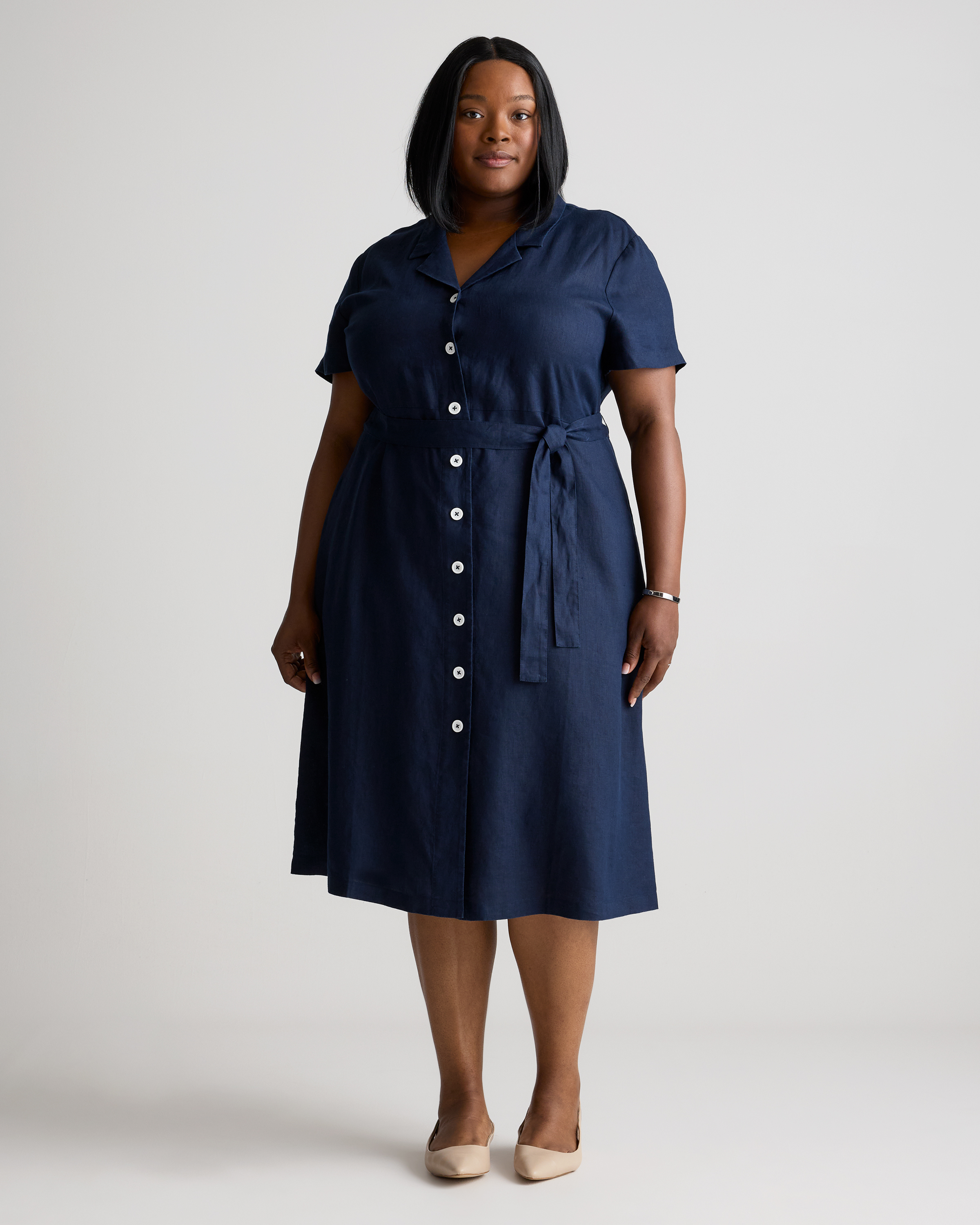 Women's 100% European Linen Button Front Dress in Black, Size 2X by Quince