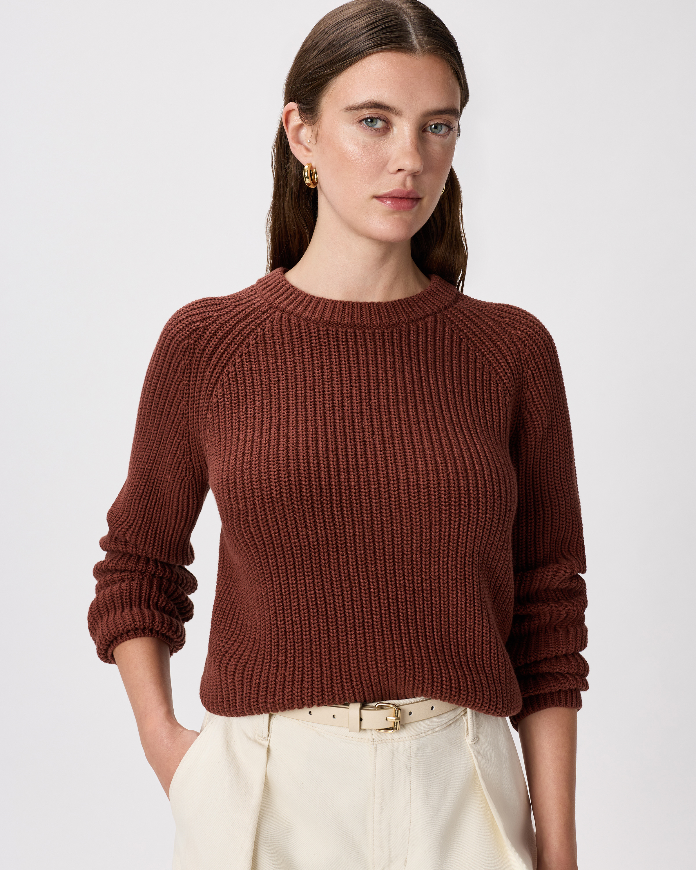 Women's 100% Organic Cotton Fisherman Crew Sweater in Redwood Brown