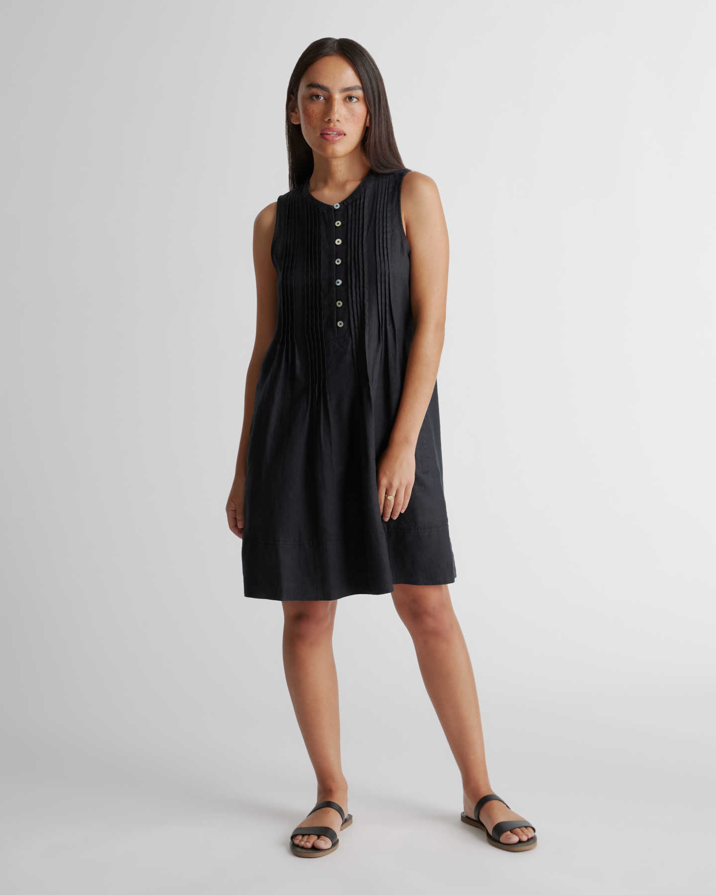 100% European Linen Sleeveless Swing Dress - Black - 0