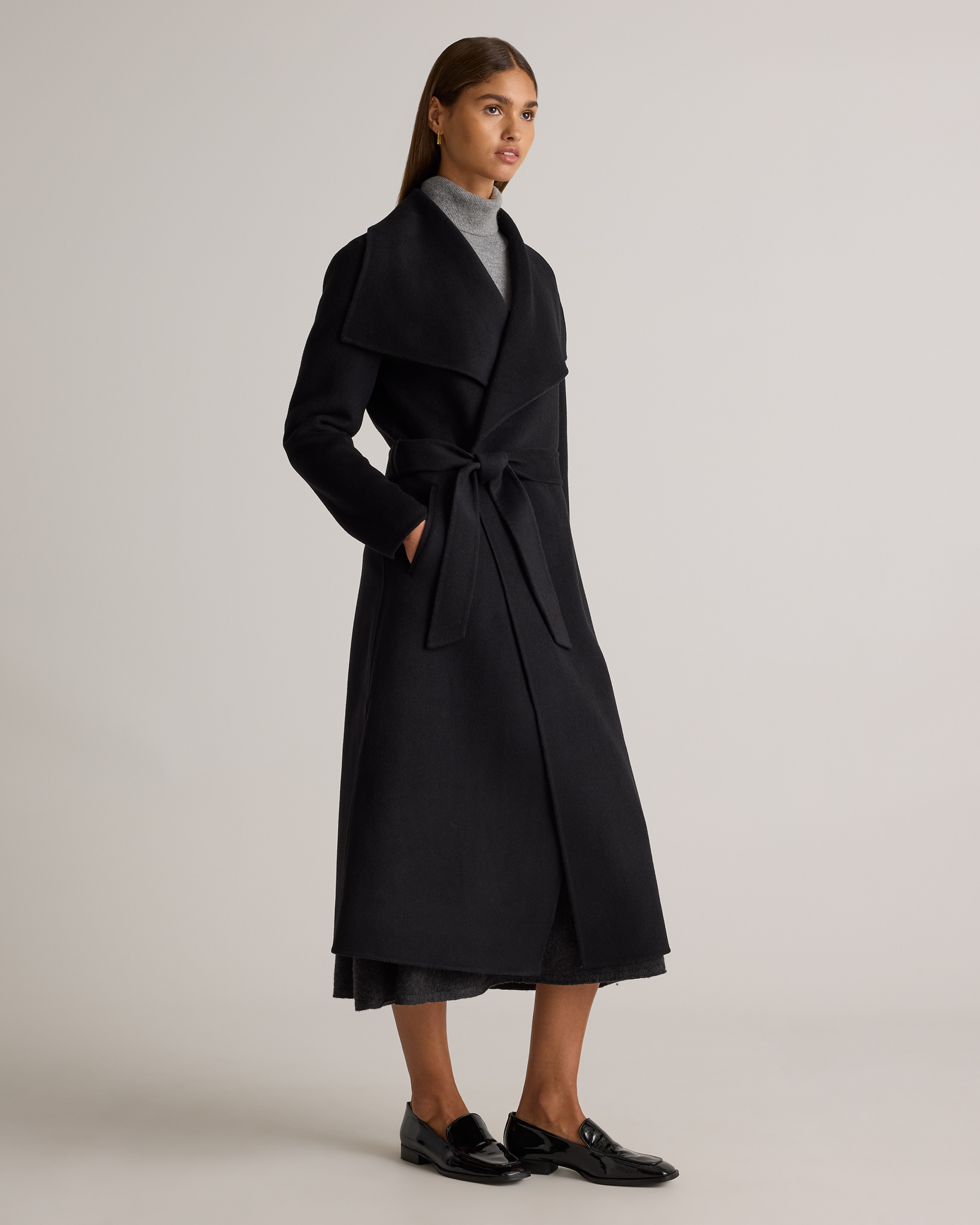 Double-Faced Merino Wool Draped Collar Wrap Coat in Cocoa Melange