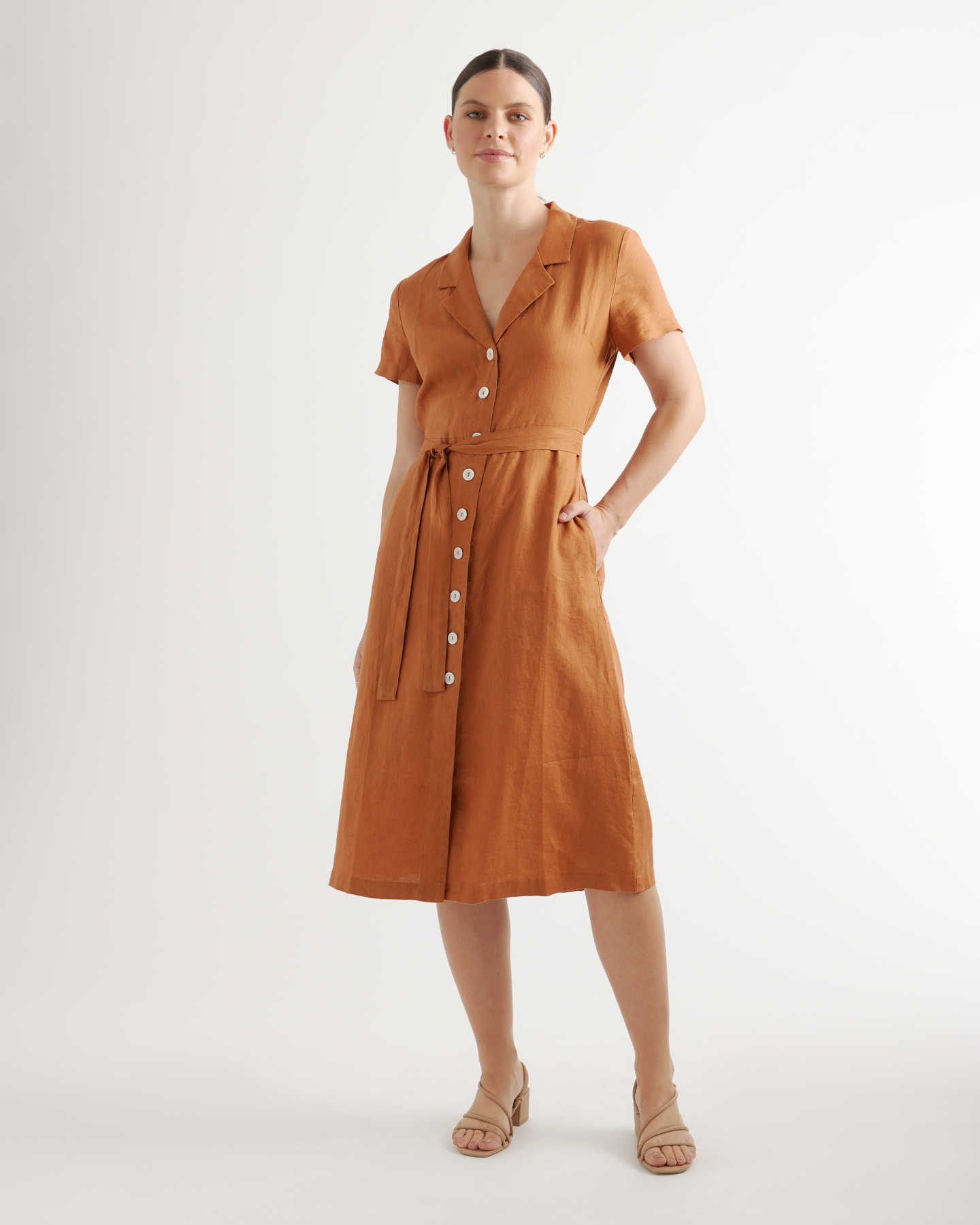 100% European Linen Button Front Dress - Terracotta