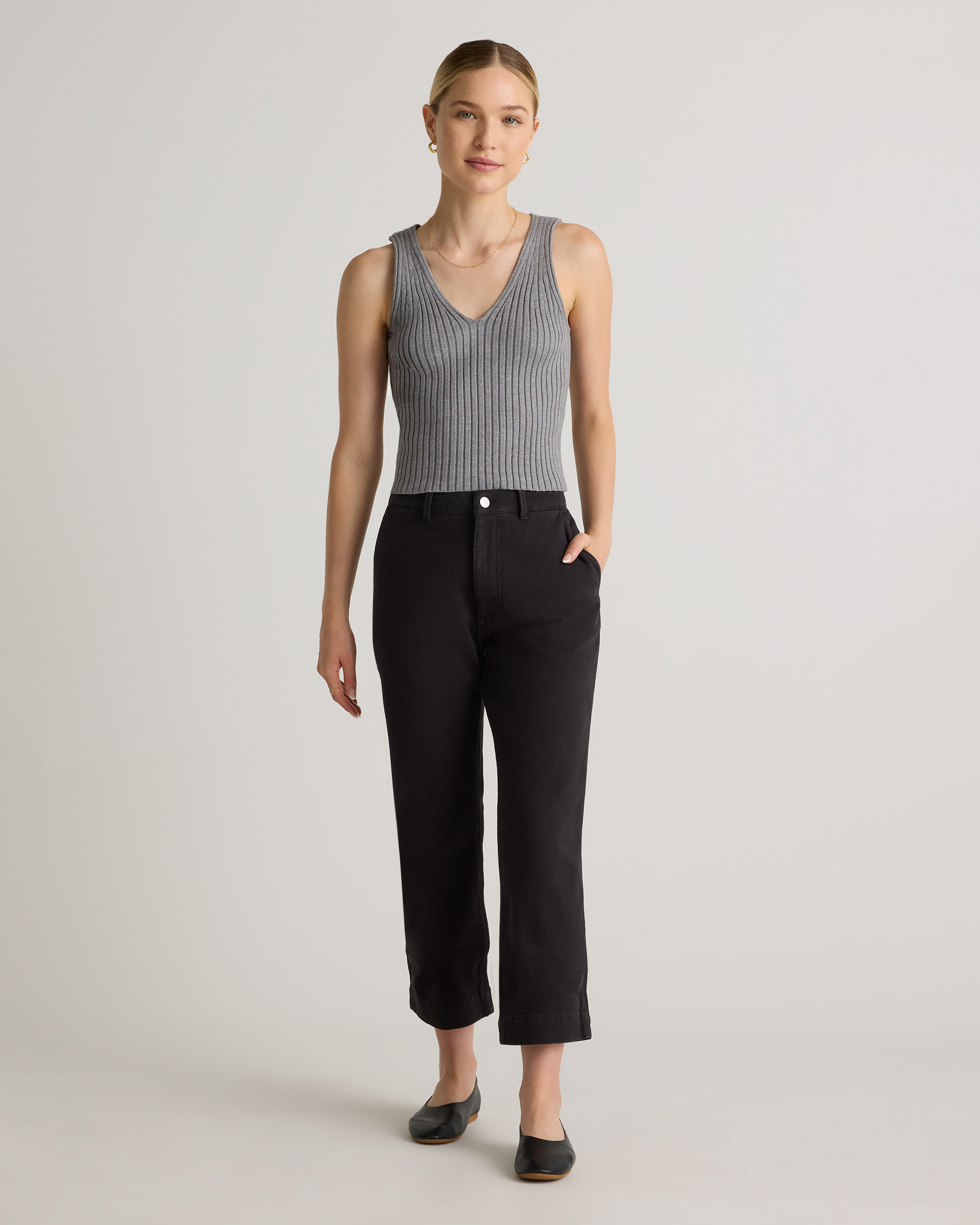 Organic Stretch Cotton Twill Straight Leg Cropped Pants