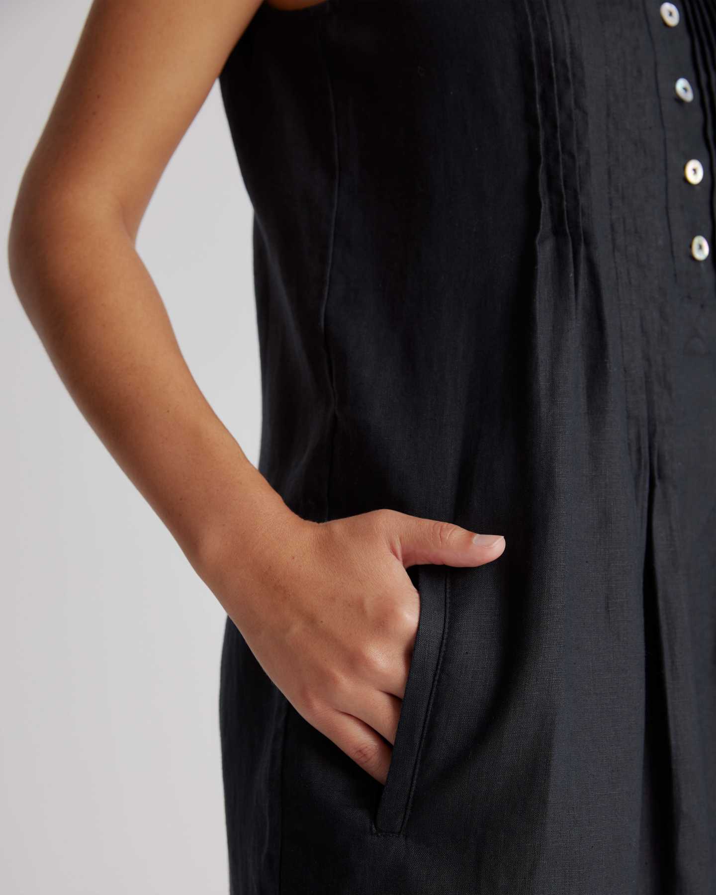 100% European Linen Sleeveless Swing Dress - Black - 3 - Thumbnail